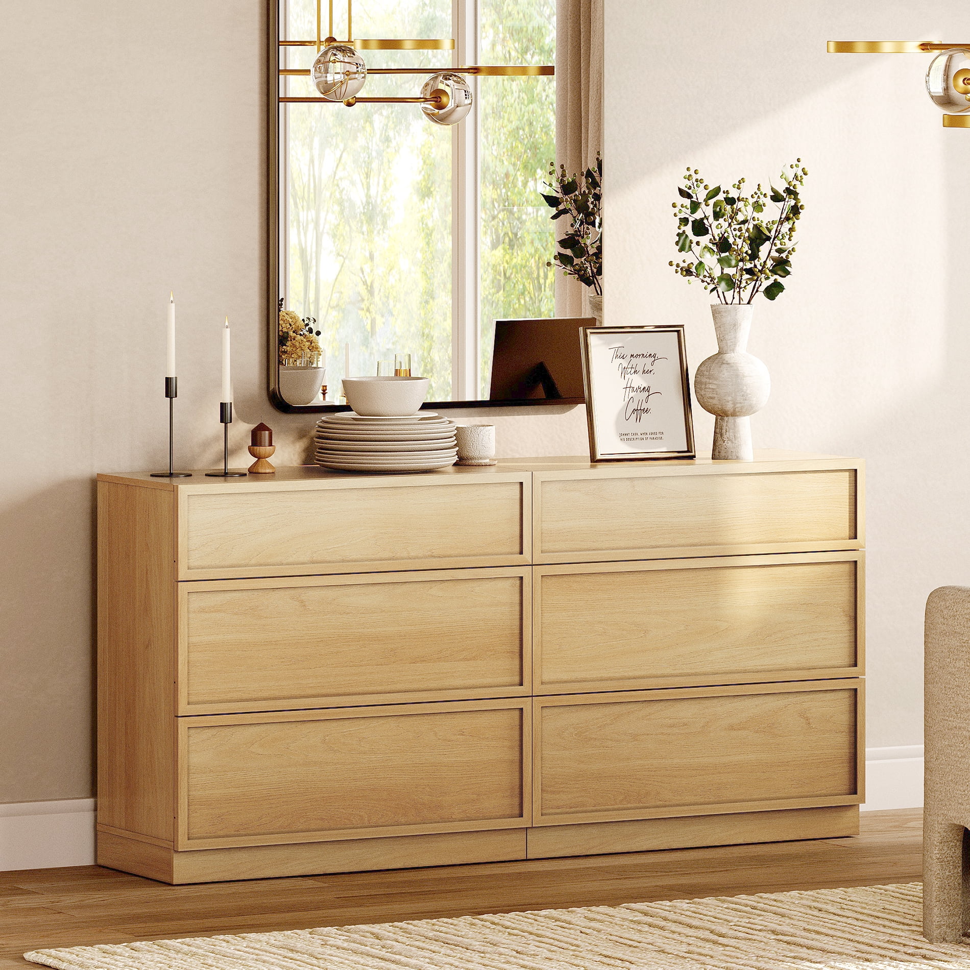 63" Modern Sideboard Buffet Cabinet with 6 Drawers, Multifunctional Sideboard with Large Storage and Adjustable Shelf