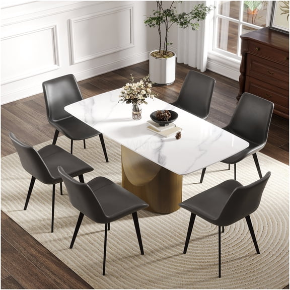 63" Modern Sintered Stone Dining Table with Antique Brass Metal Legs, Rectangular White Table for 6-8 Seating