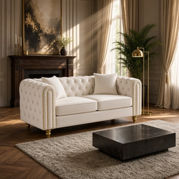 63" Modern Velvet Loveseat Sofa, 2 Seater Chesterfield Couch with Button Tufting, Rolled Arms & Gold Legs, Comfy Upholstered Couch for Living Room, Beige