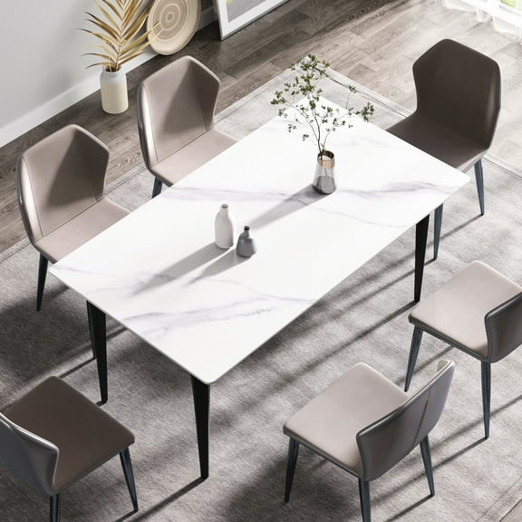 63" Modern White Dining Table With Sintered Stone Top - 6 Seater, Scratch & Stain , Metal Legged Support For Stable Legs, Material, Easy To Clean Maintain
