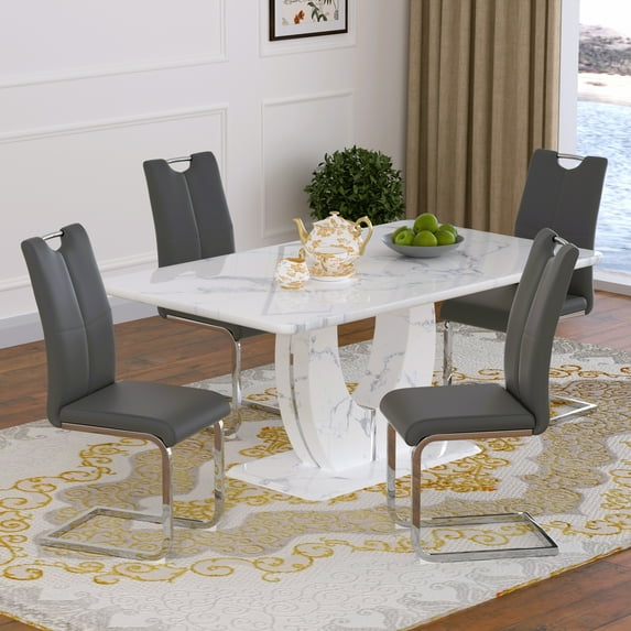 63" Modern White Rectangle Faux Marble Dining Table Room Sets for 4,Dining Table with 4 PU Leather Dining Chairs,White Table and 4 Dark Gray C-shaped Chairs with Silver Leg