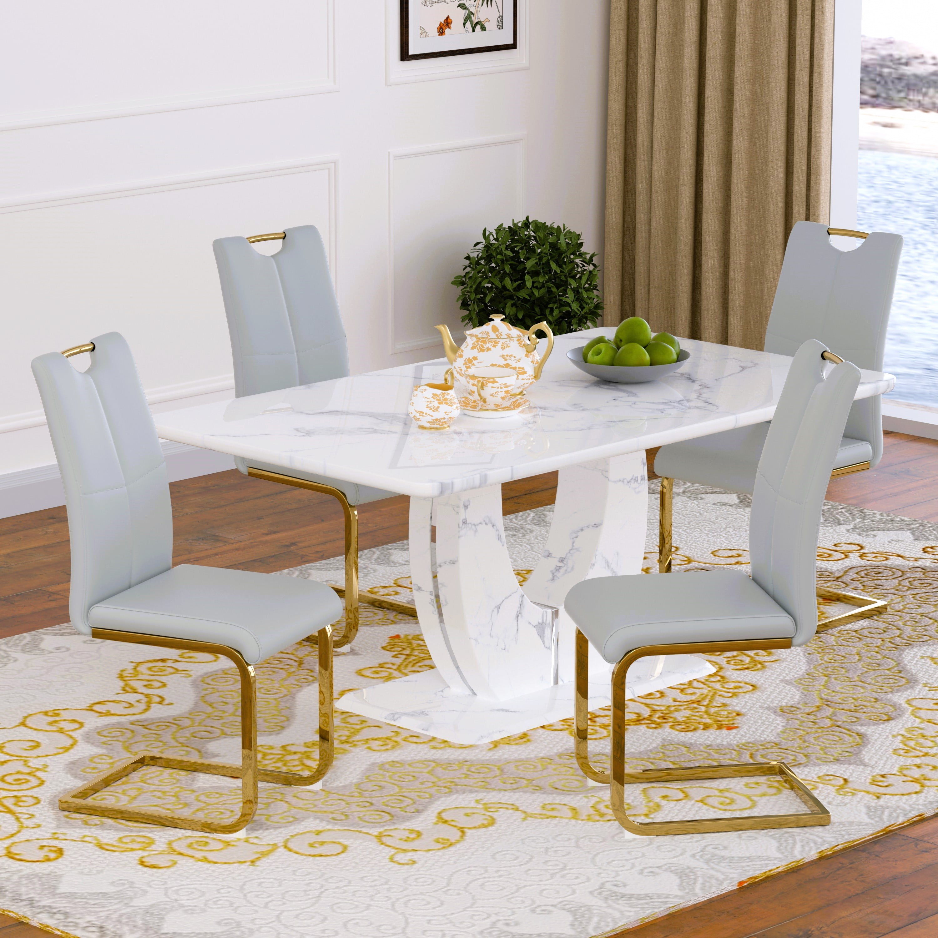 63" Modern White Rectangle Faux Marble Dining Table Room Sets for 4 ...
