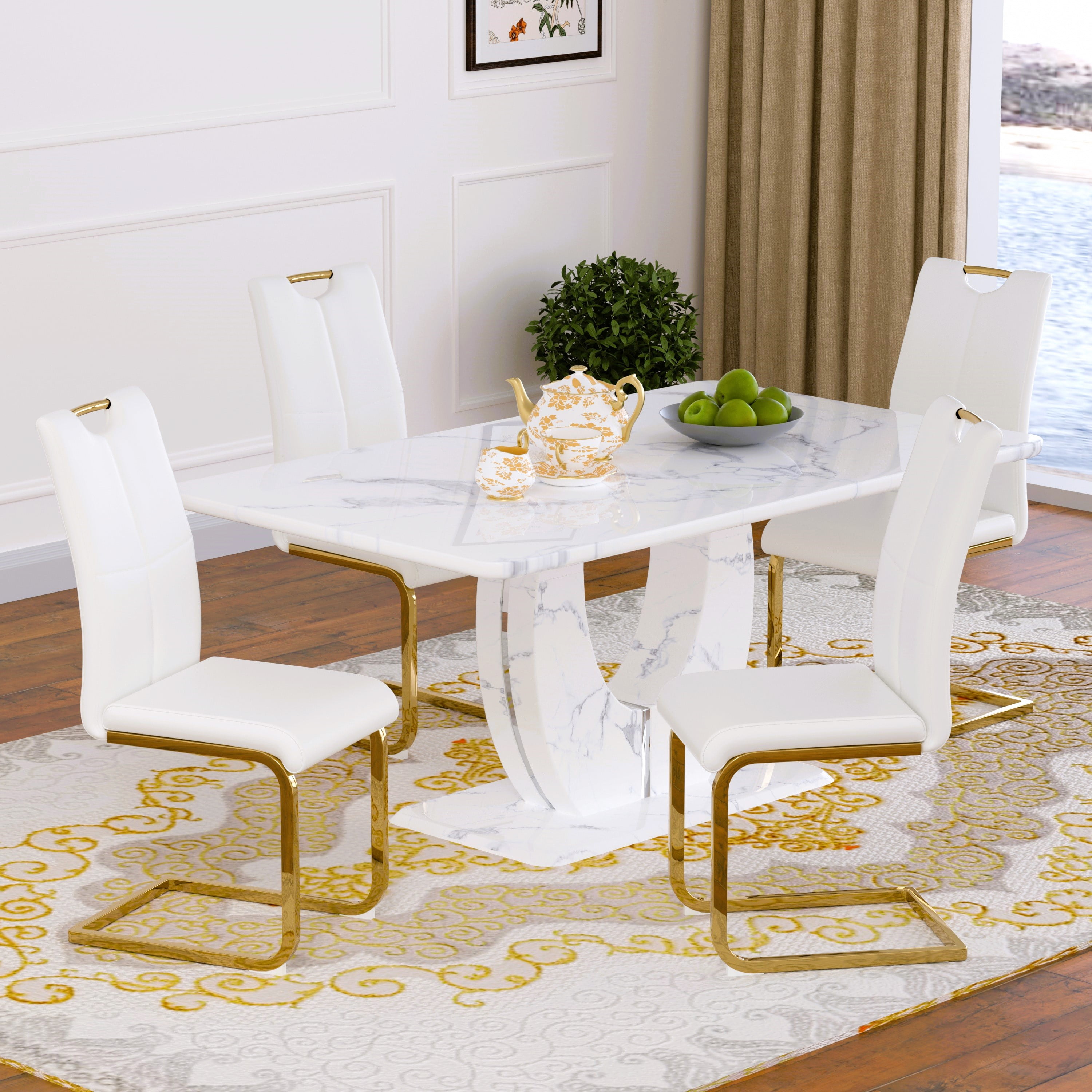63" Modern White Rectangle Faux Marble Dining Table Room Sets for 4 ...