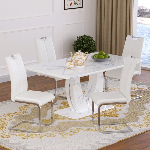 63" Modern White Rectangle Faux Marble Dining Table Room Sets for 4,Dining Table with 4 PU Leather Dining Chairs,White Table and 4 White C-shaped Chairs with Silver Leg