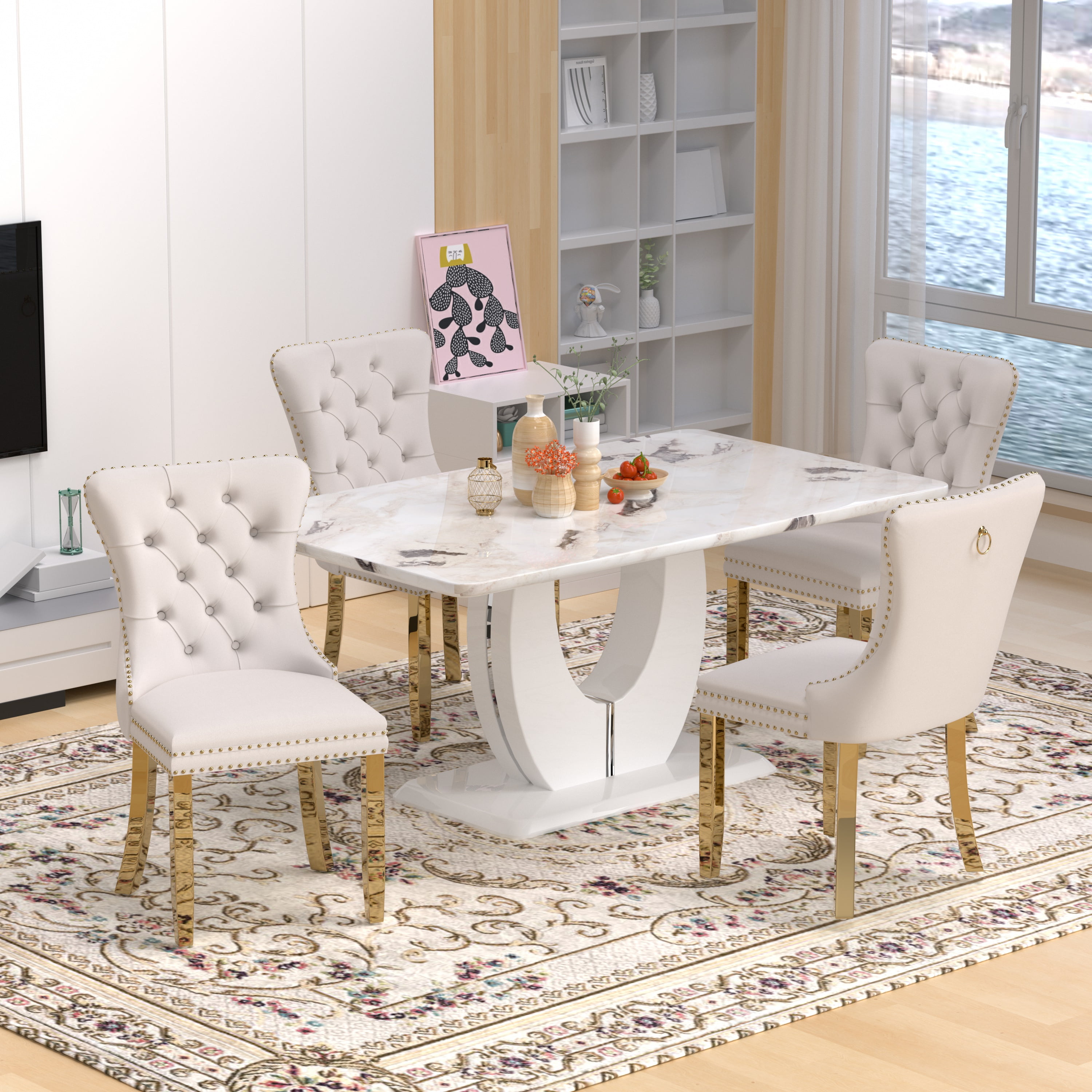 63" Modern White Rectangle Faux Marble Dining Table Room Sets for 4 ...