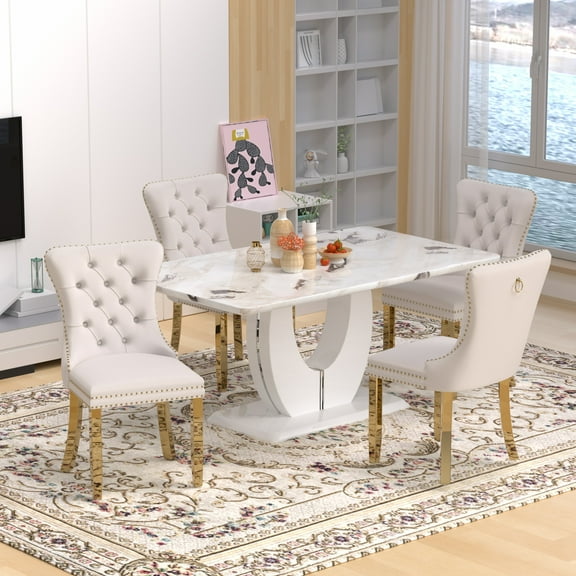 63" Modern White Rectangle Faux Marble Dining Table Room Sets for 4,Dining Table with 4 Velvet Dining Chairs,White Table and 4 Beige Chairs with Golden Leg