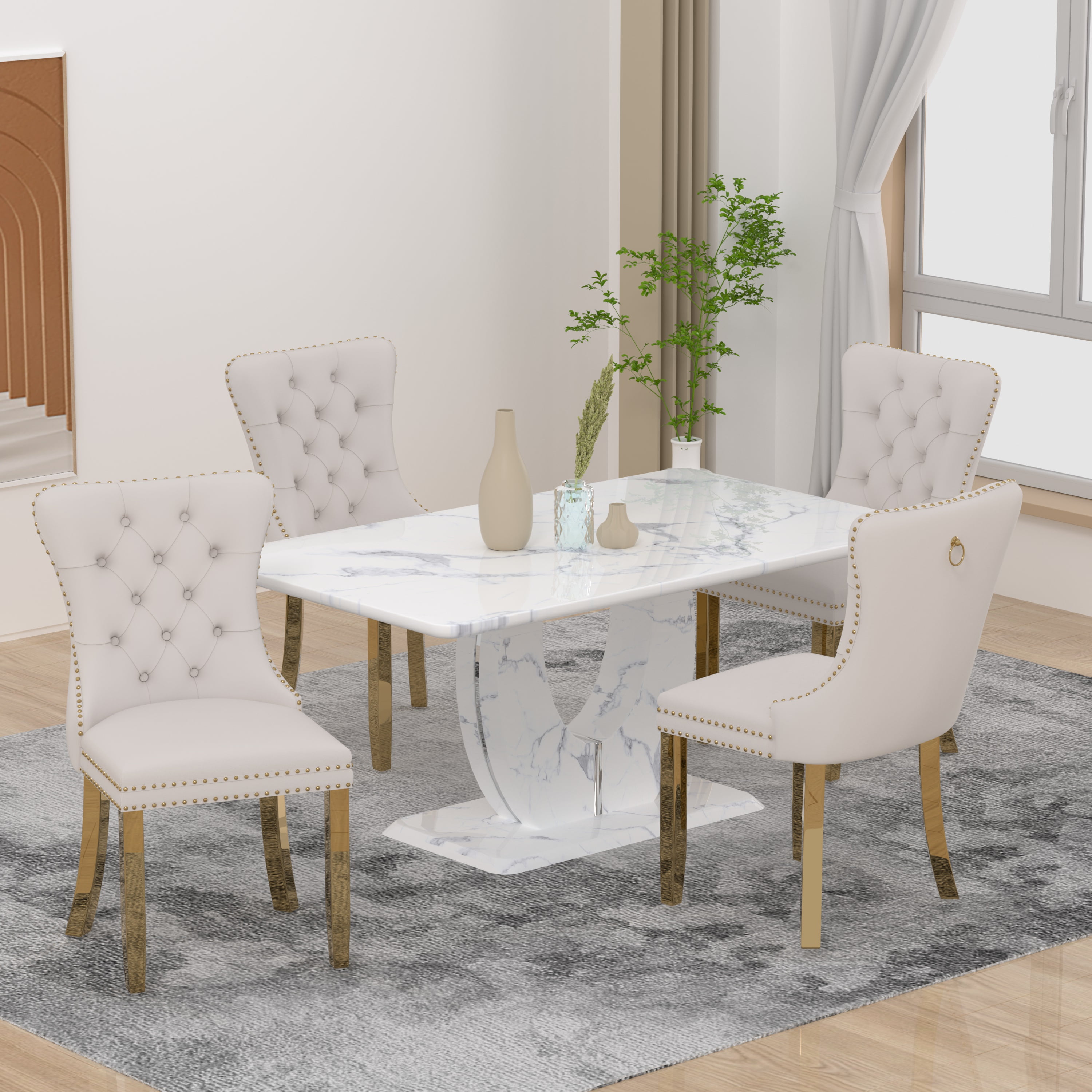 63" Modern White Rectangle Faux Marble Dining Table Room Sets for 4 ...