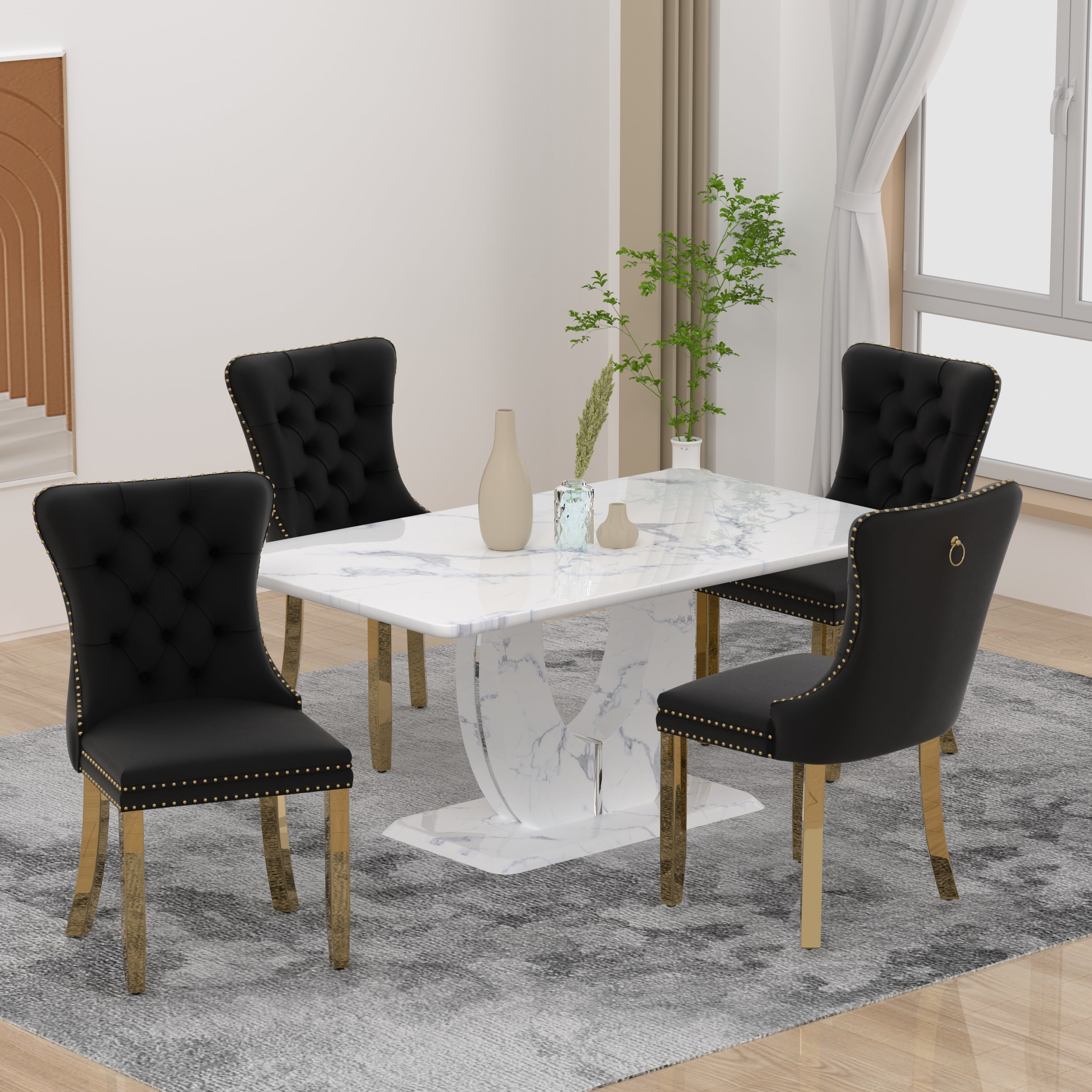 63" Modern White Rectangle Faux Marble Dining Table Room Sets for 4 ...