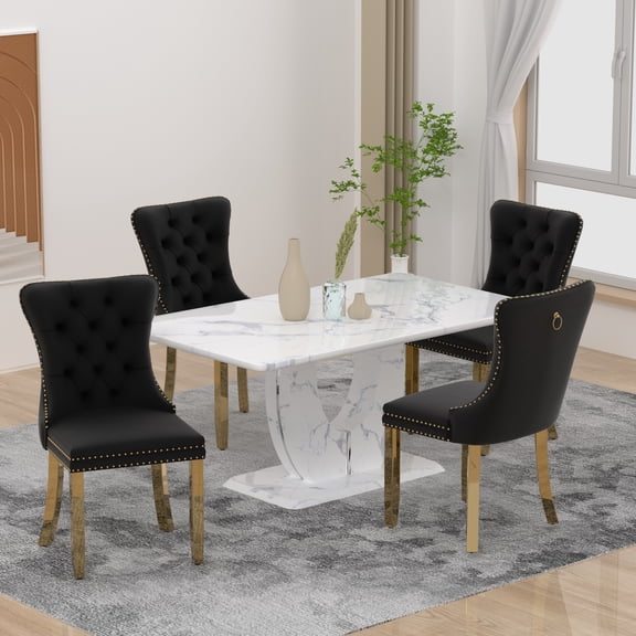 63" Modern White Rectangle Faux Marble Dining Table Room Sets for 4,Dining Table with 4 Velvet Dining Chairs,White Table and 4 Black Chairs with Golden Leg