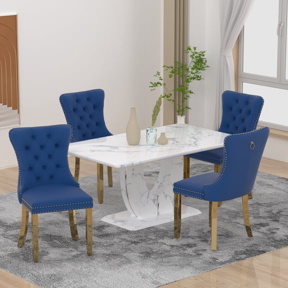 63" Modern White Rectangle Faux Marble Dining Table Room Sets for 4,Dining Table with 4 Velvet Dining Chairs,White Table and 4 Blue Chairs with Golden Leg