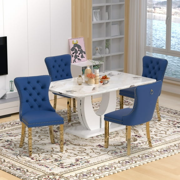 63" Modern White Rectangle Faux Marble Dining Table Room Sets for 4,Dining Table with 4 Velvet Dining Chairs,White Table and 4 Blue Chairs with Golden Leg
