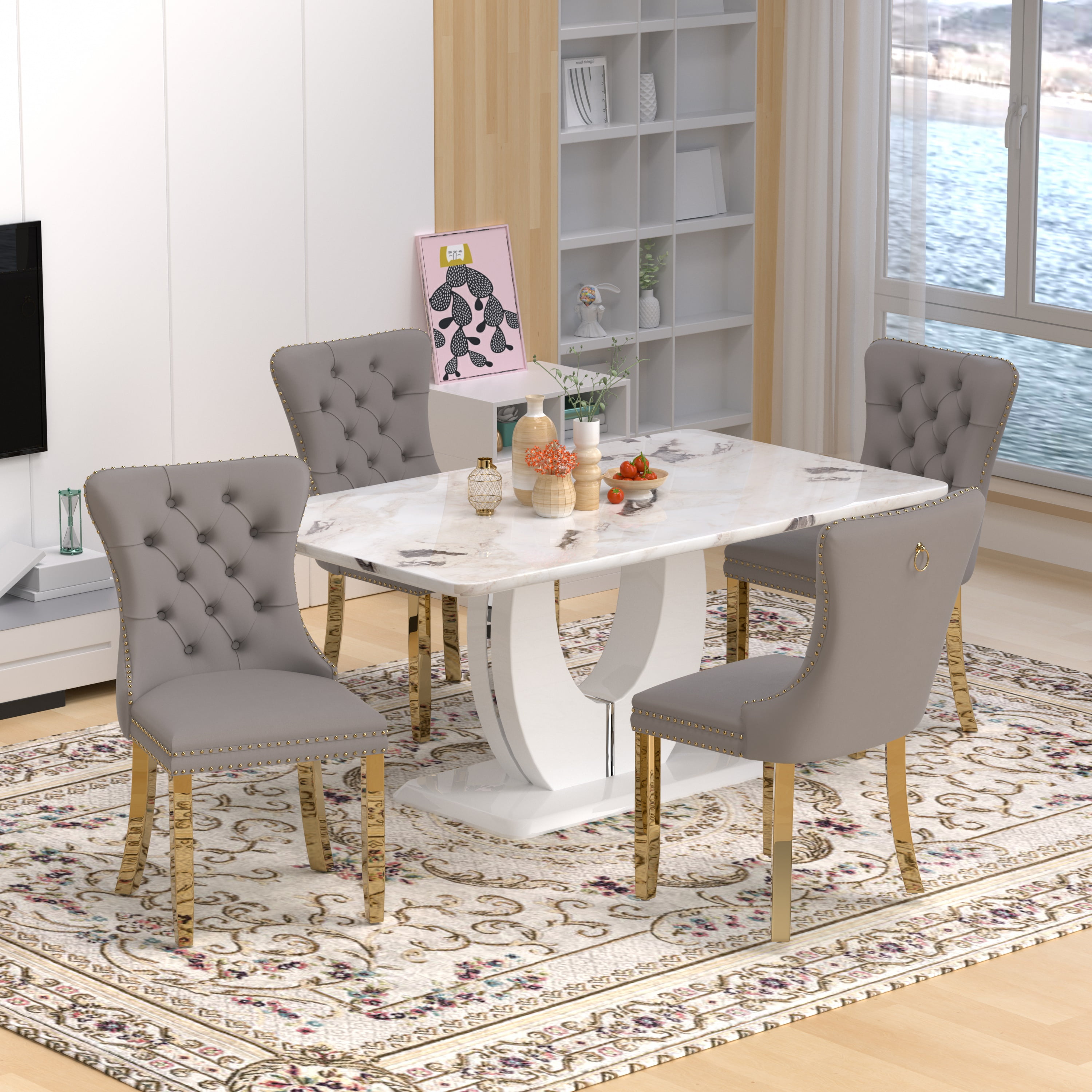 63" Modern White Rectangle Faux Marble Dining Table Room Sets for 4 ...