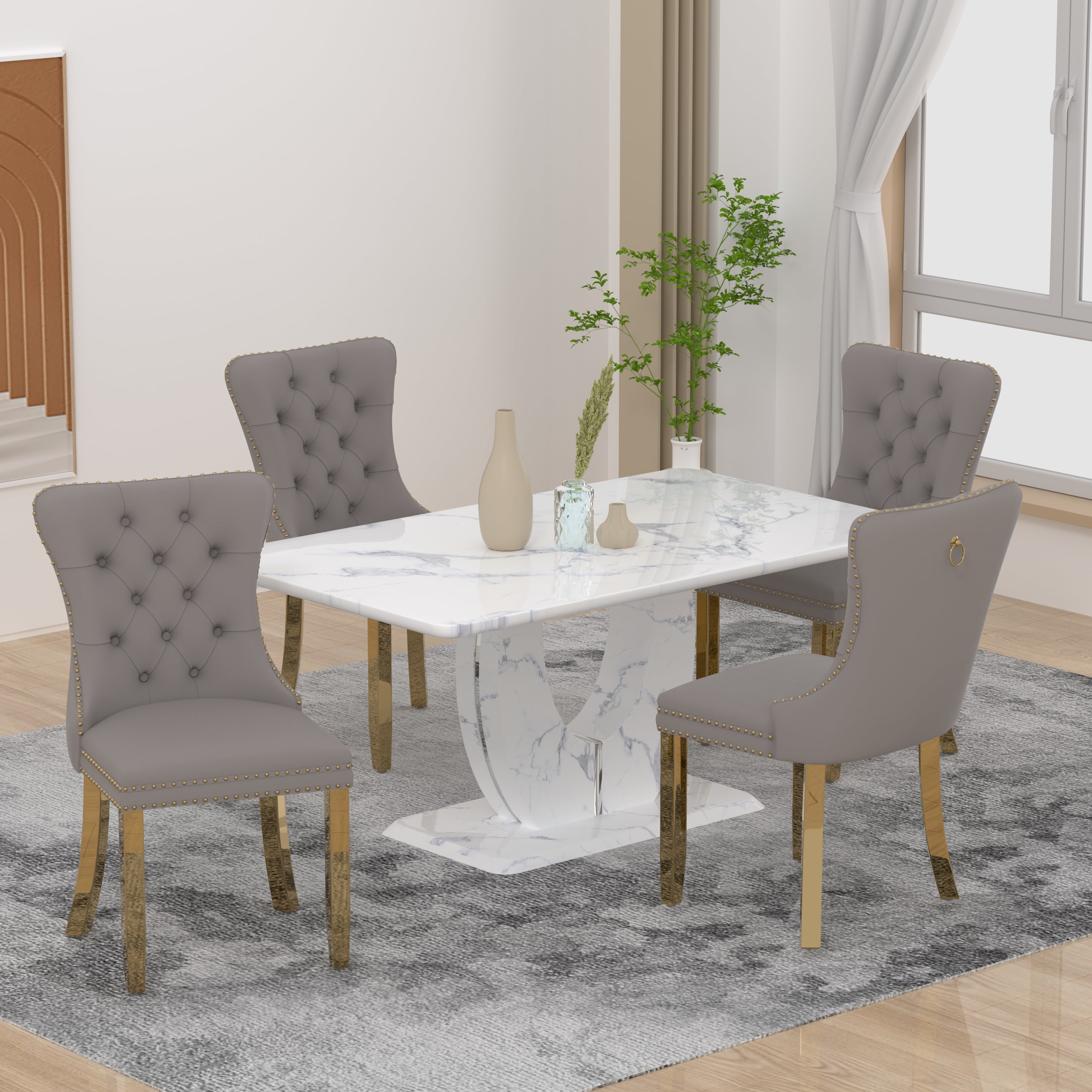 63" Modern White Rectangle Faux Marble Dining Table Room Sets for 4 ...
