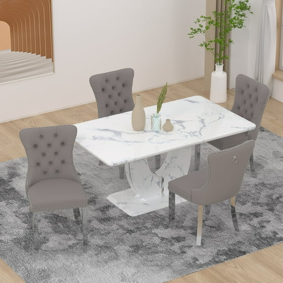 63" Modern White Rectangle Faux Marble Dining Table Room Sets for 4,Dining Table with 4 Velvet Dining Chairs,White Table and 4 Gray Chairs with Silver Leg