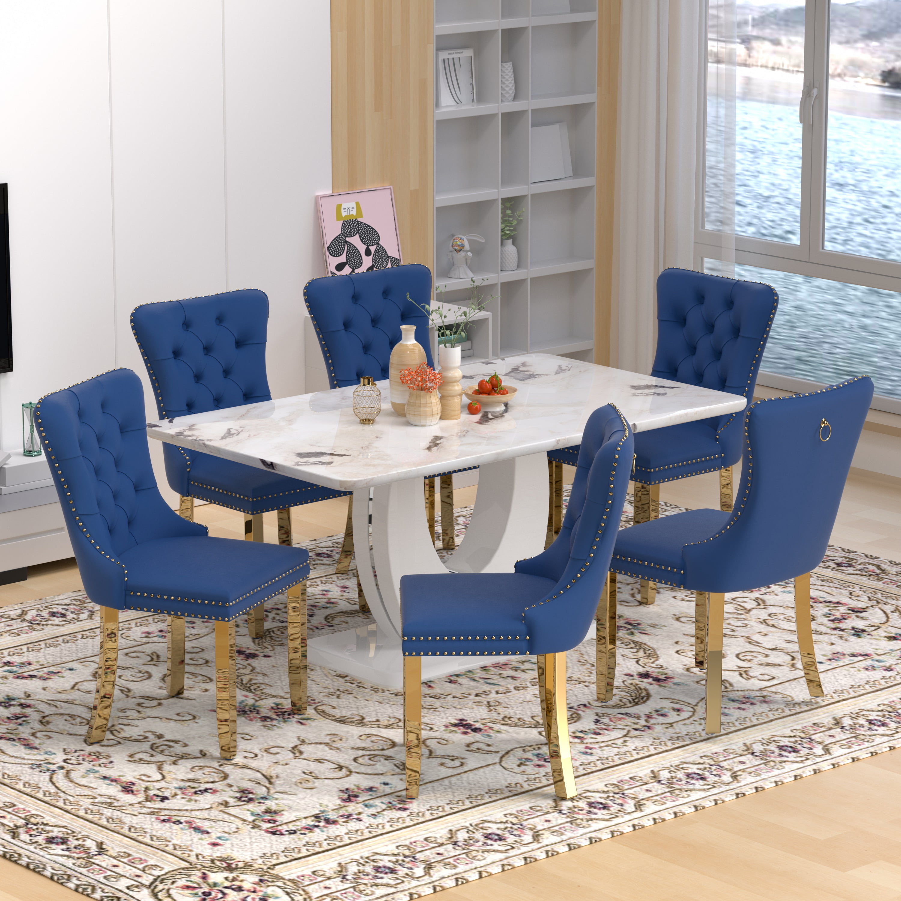 63" Modern White Rectangle Faux Marble Dining Table Room Sets for 6