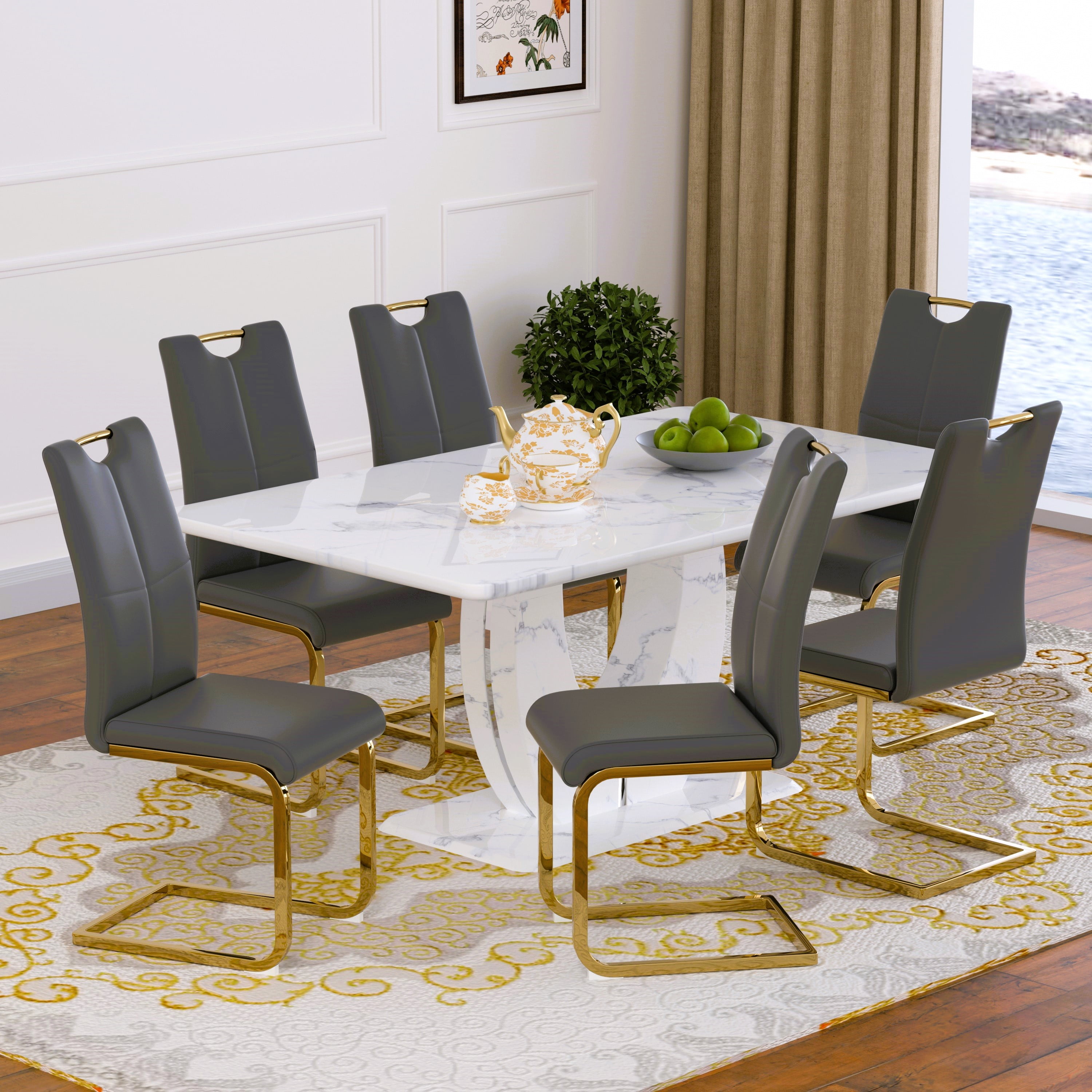 63" Modern White Rectangle Faux Marble Dining Table Room Sets for 6 ...