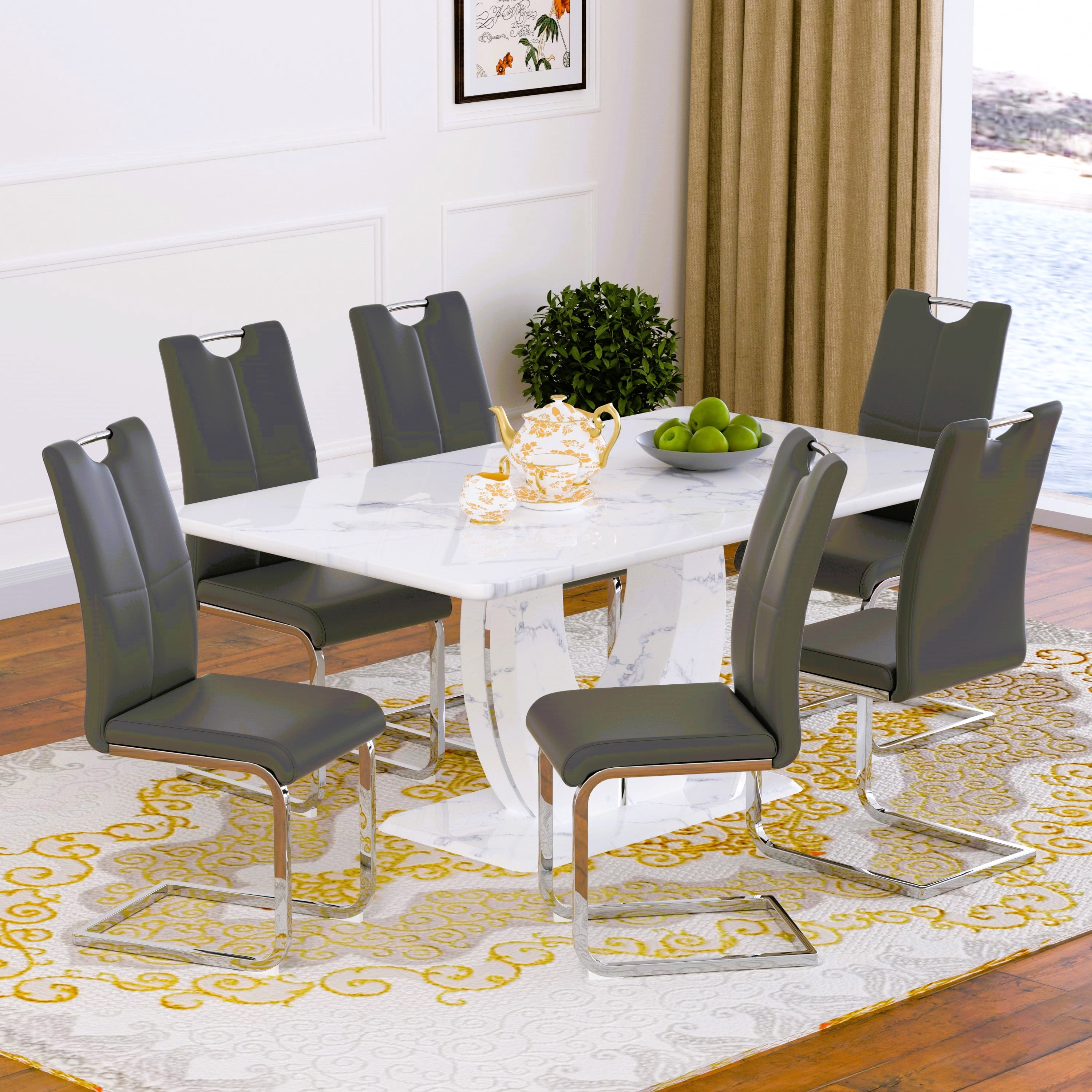 63" Modern White Rectangle Faux Marble Dining Table Room Sets for 6 ...