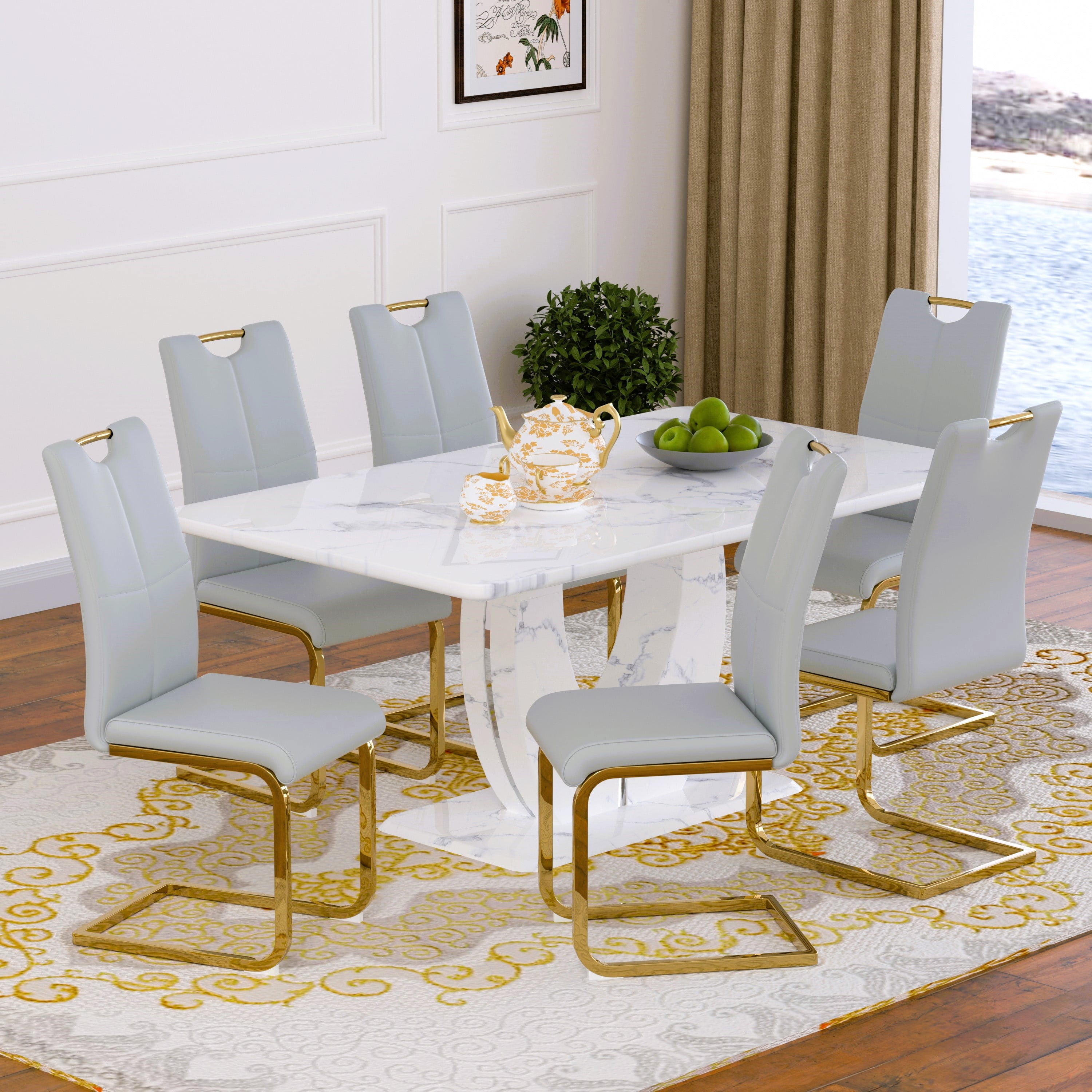 63" Modern White Rectangle Faux Marble Dining Table Room Sets for 6 ...