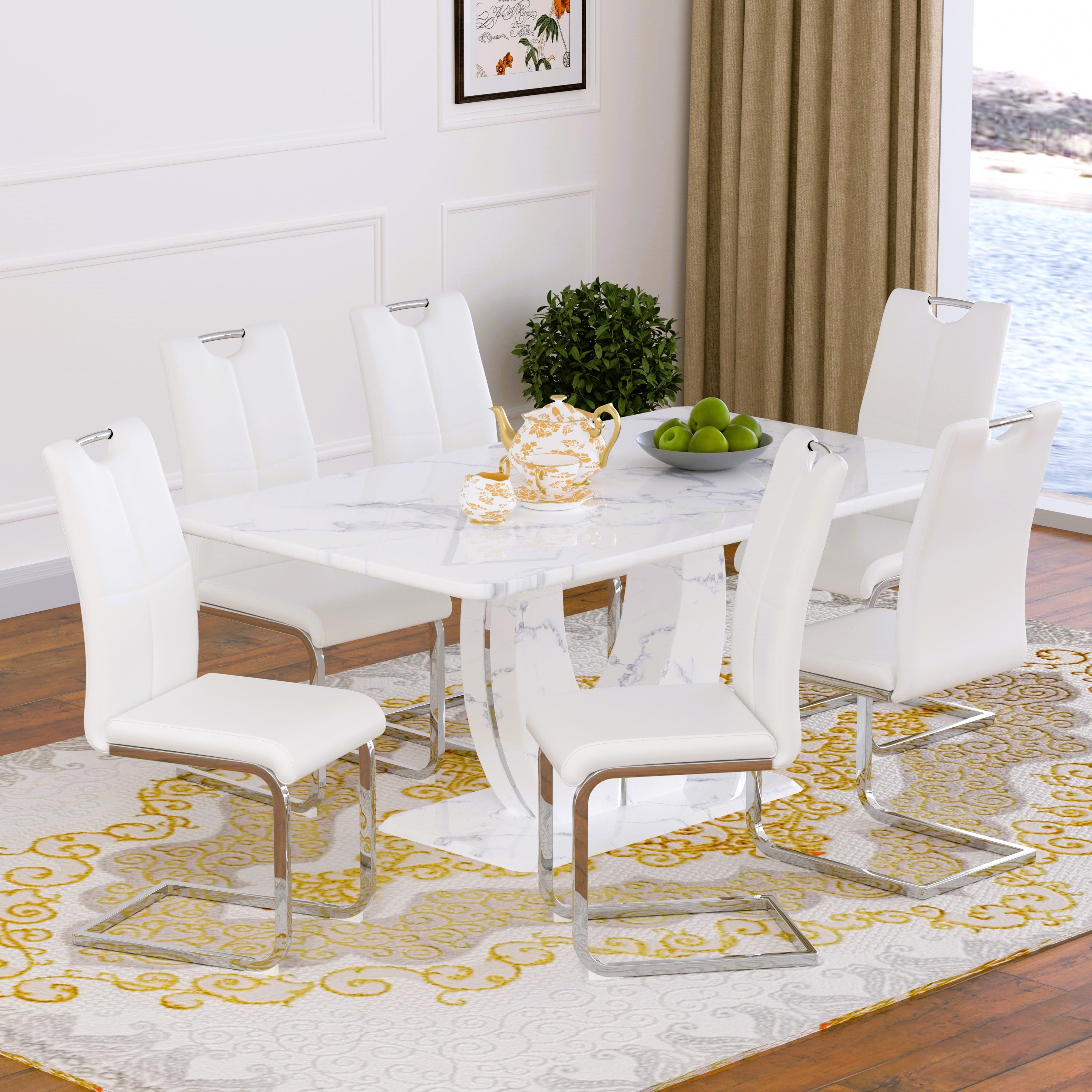 63" Modern White Rectangle Faux Marble Dining Table Room Sets for 6 ...
