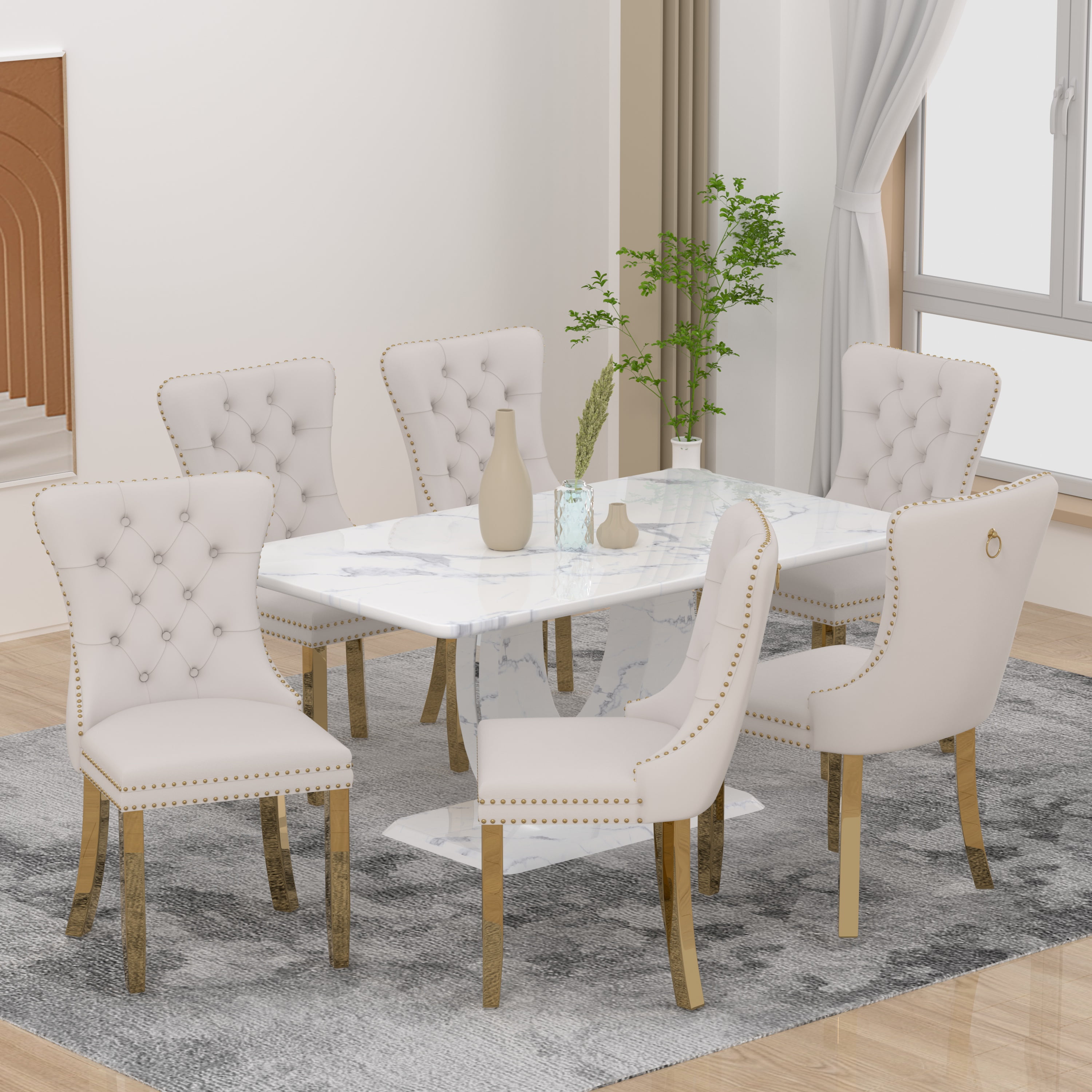63" Modern White Rectangle Faux Marble Dining Table Room Sets for 6 ...