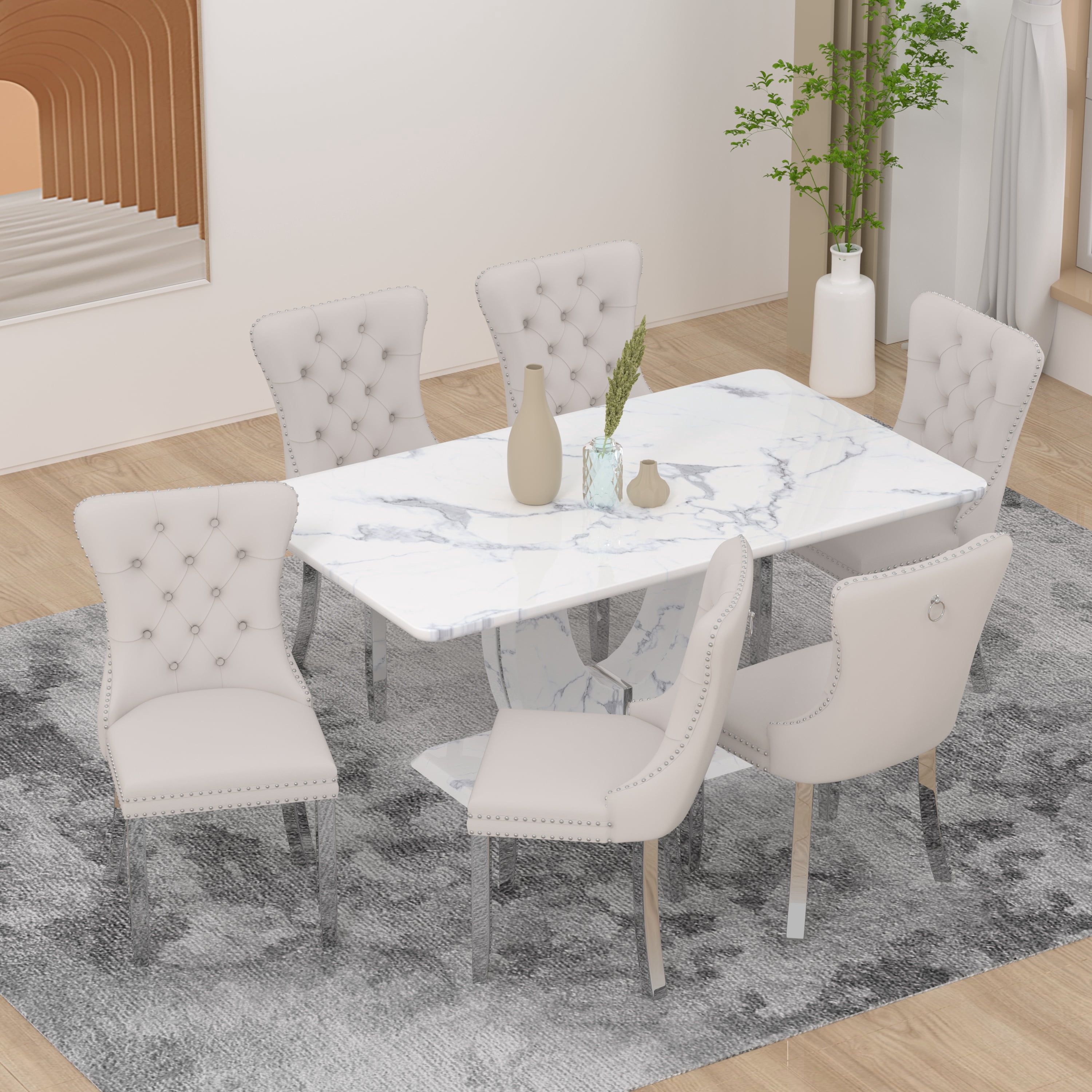 63" Modern White Rectangle Faux Marble Dining Table Room Sets for 6 ...