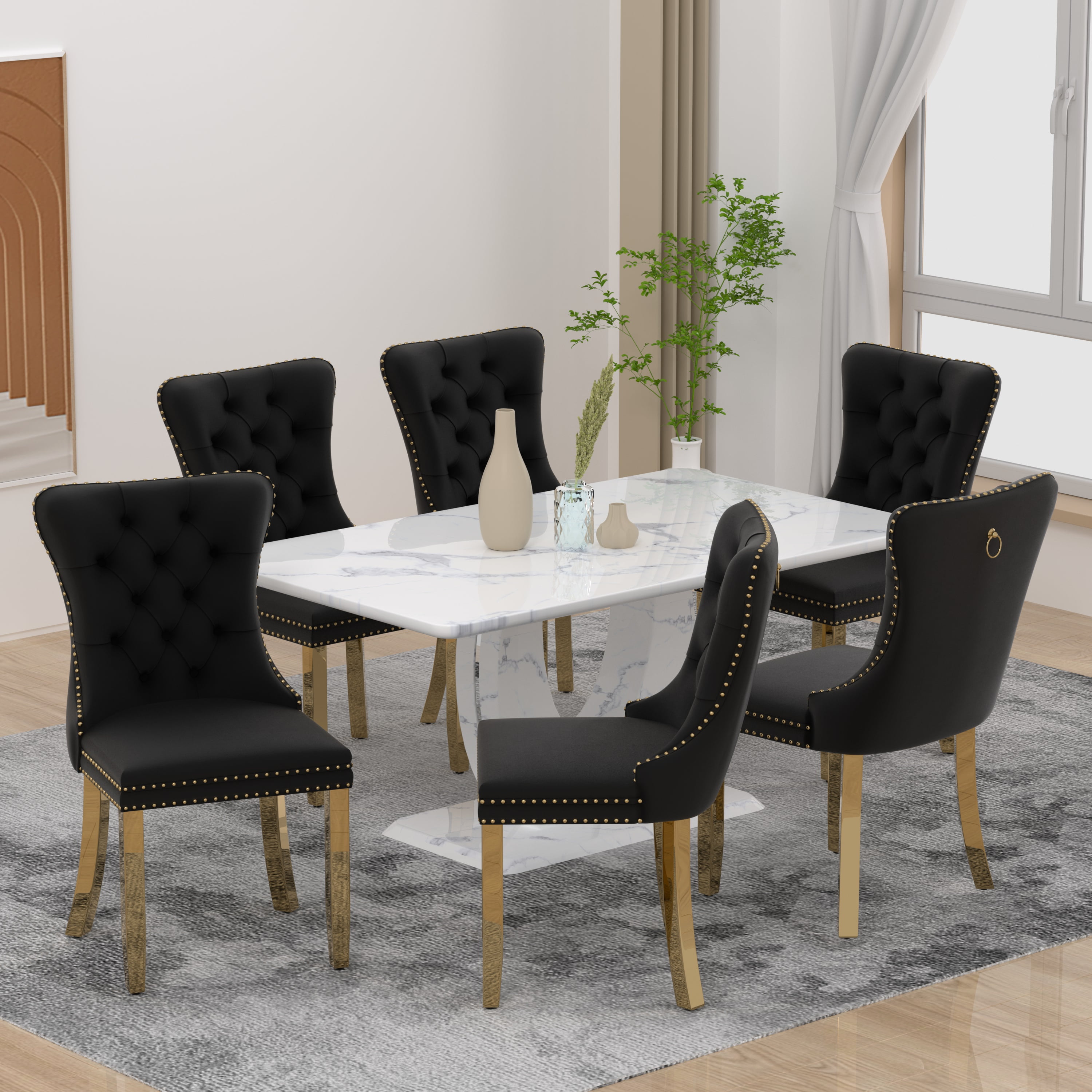 63" Modern White Rectangle Faux Marble Dining Table Room Sets for 6 ...