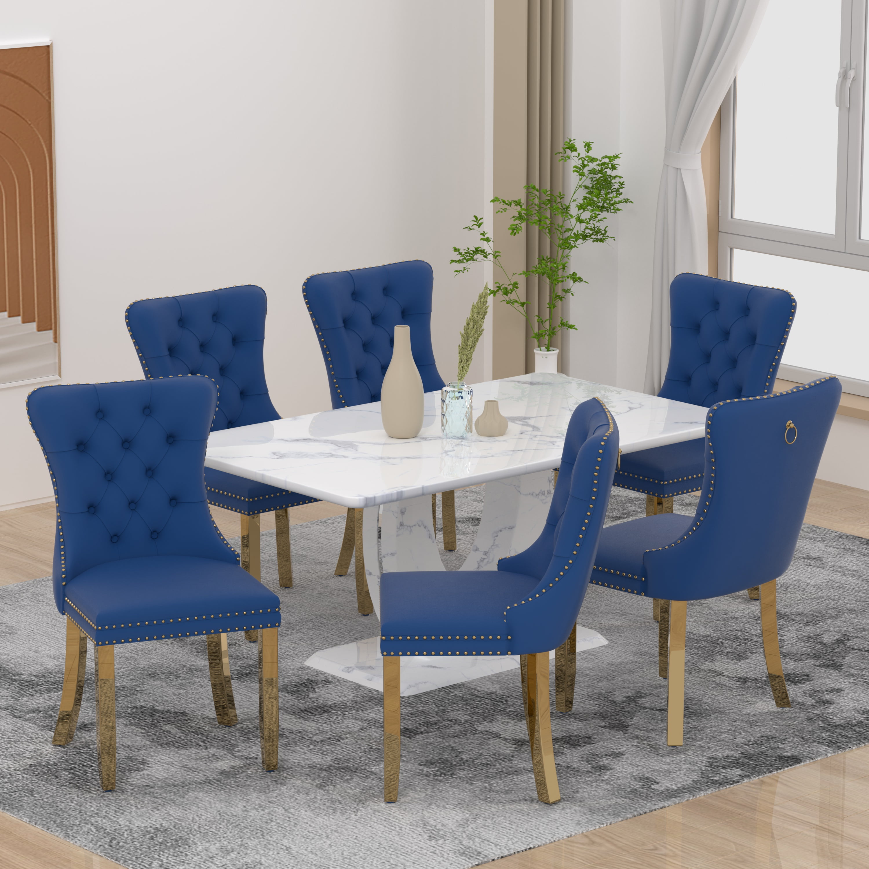 63" Modern White Rectangle Faux Marble Dining Table Room Sets for 6 ...