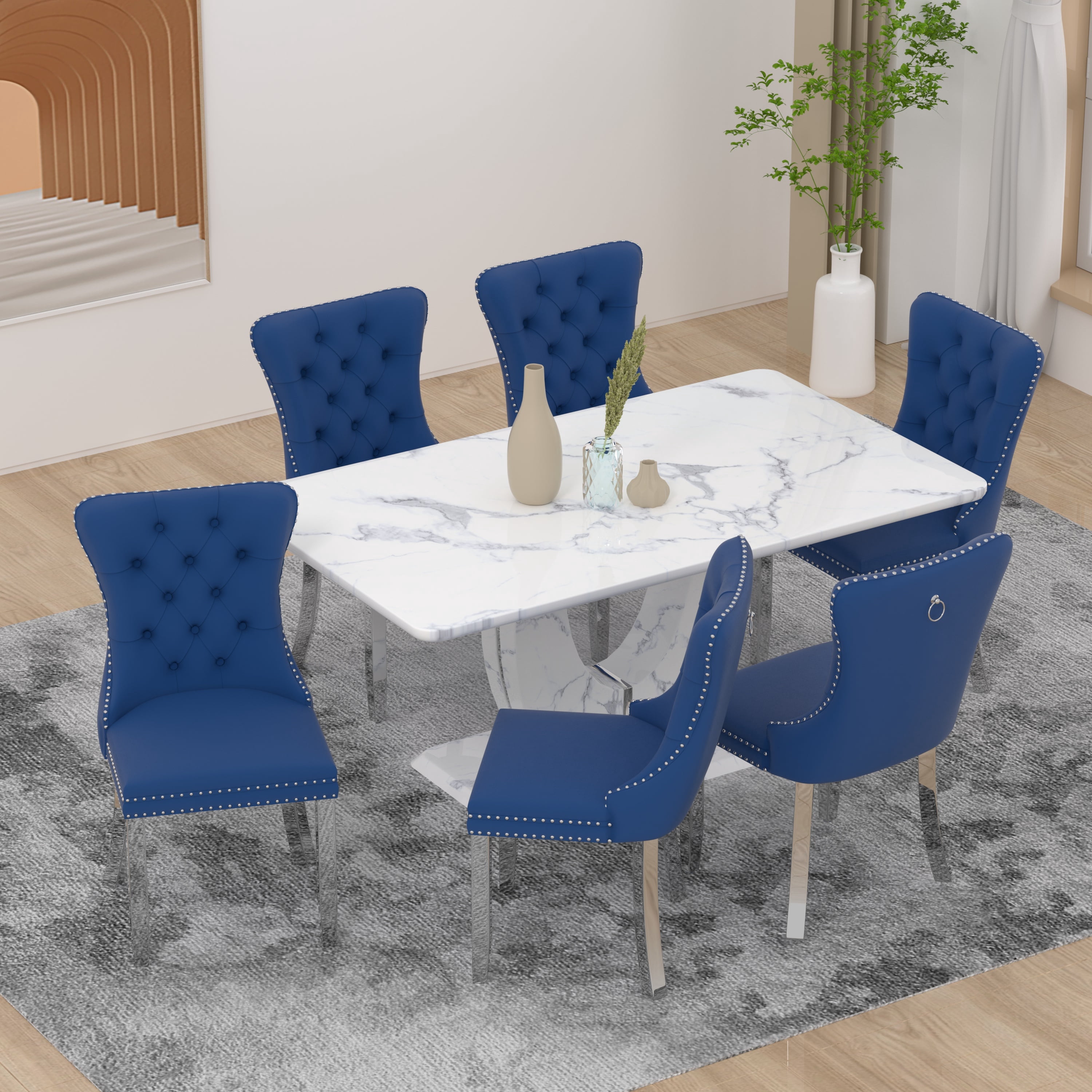 63" Modern White Rectangle Faux Marble Dining Table Room Sets for 6 ...