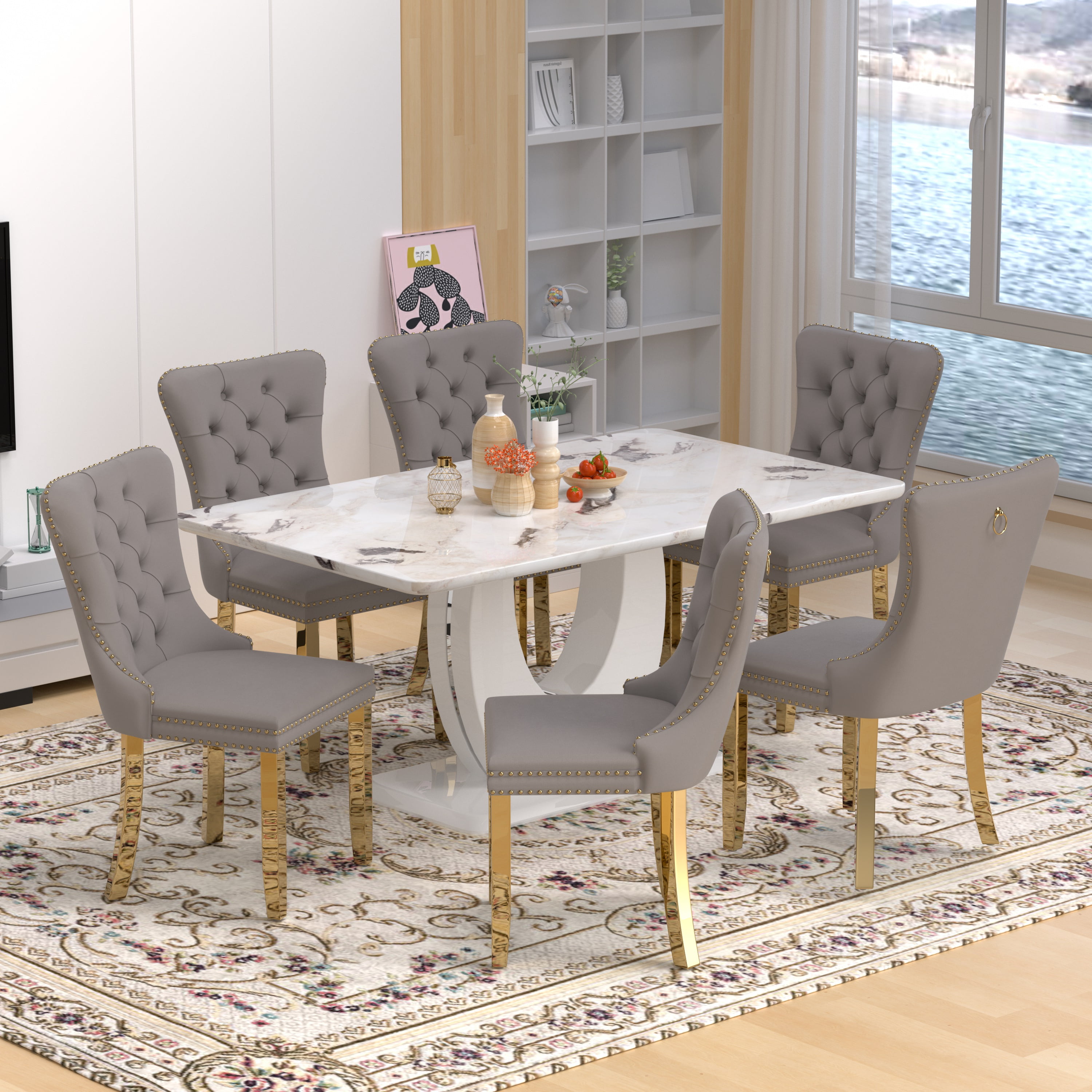 63" Modern White Rectangle Faux Marble Dining Table Room Sets for 6 ...