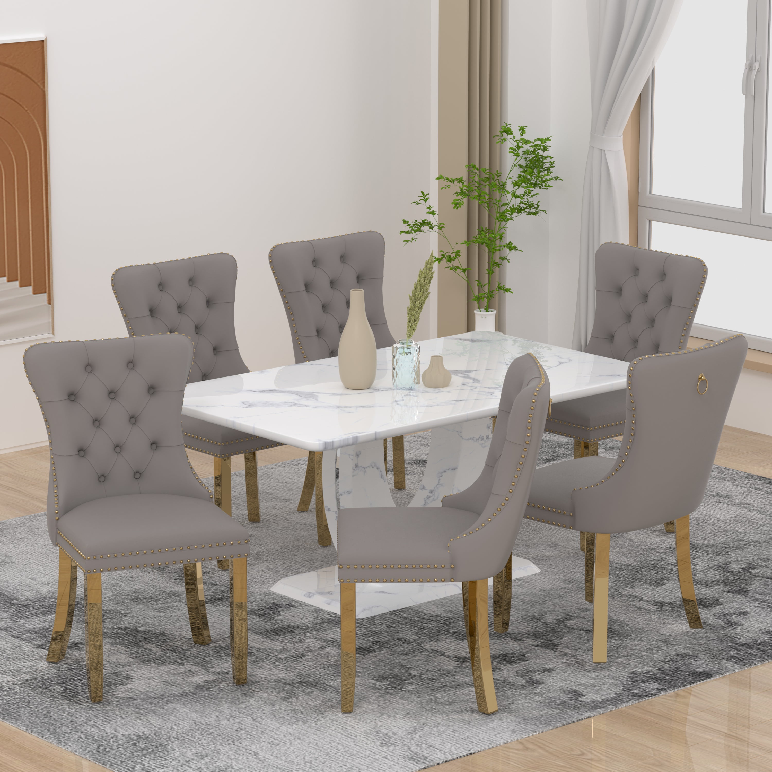 63" Modern White Rectangle Faux Marble Dining Table Room Sets for 6 ...