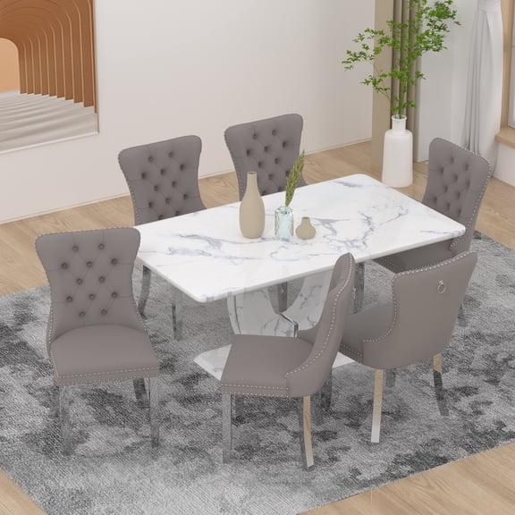 63" Modern White Rectangle Faux Marble Dining Table Room Sets for 6,Dining Table with 6 Velvet Dining Chairs,White Table and 6 Gray Chairs with Silver Leg
