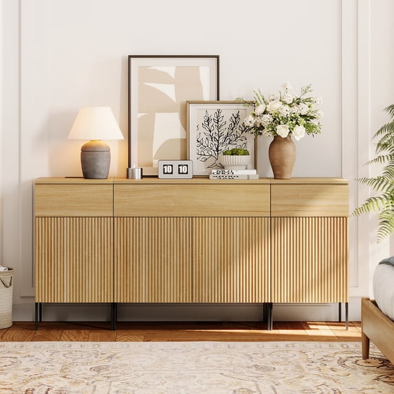 63" Modern Wood 3-Drawer Dresser with Reeded Design, Minimalist Dresser Organizer Storage With Charging Station for Bedroom,Living room, Entryway