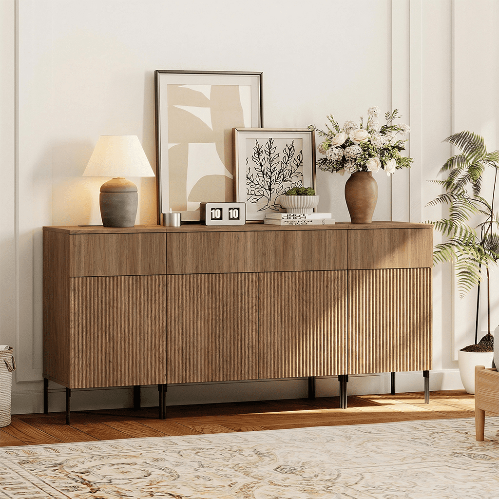 63" Modern Wood 3-Drawer Dresser with Reeded Design, Minimalist Dresser Organizer Storage With Charging Station for Bedroom,Living room, Entryway