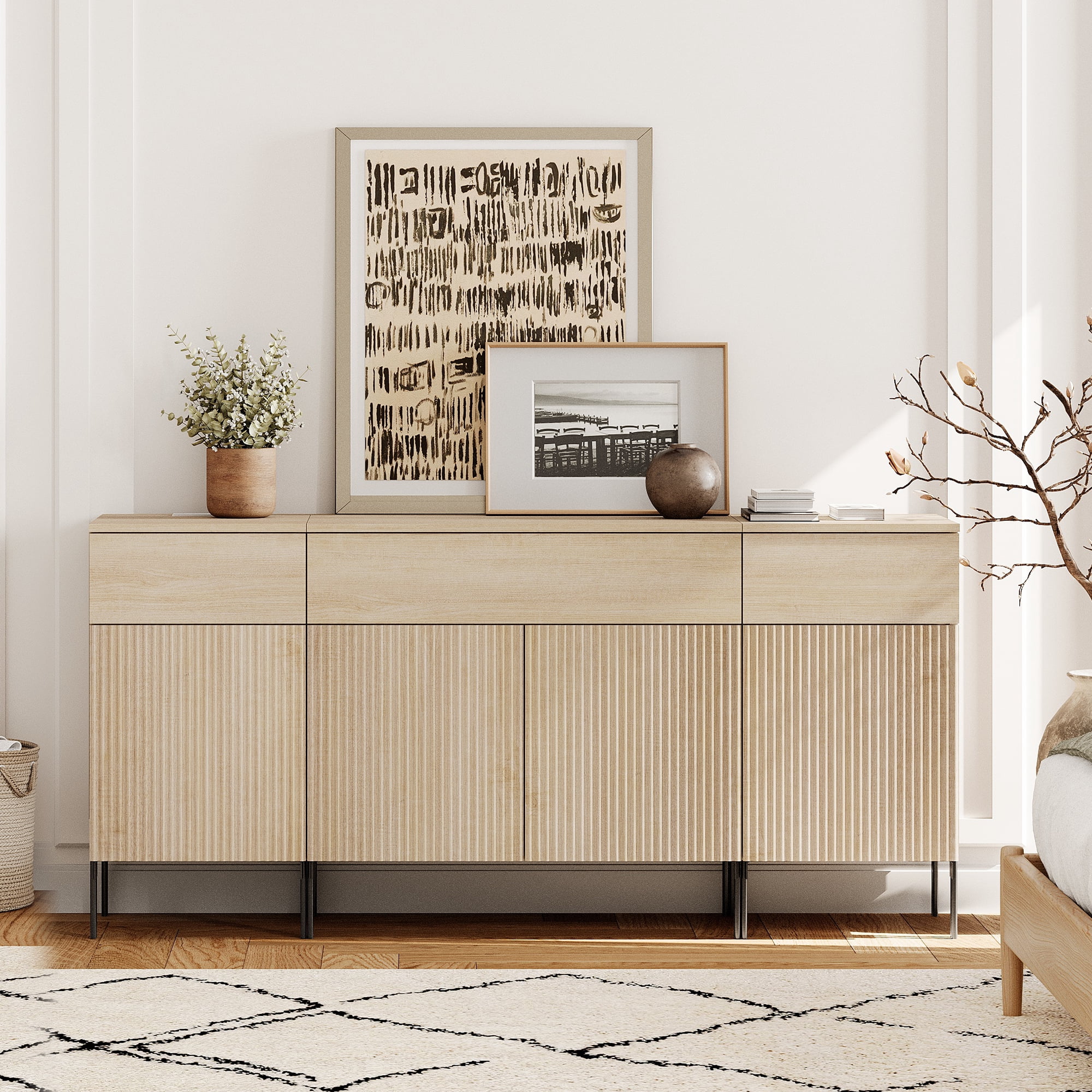 63" Modern Wood 3-Drawer Dresser with Reeded Design, Minimalist Dresser Organizer Storage With Charging Station for Bedroom,Living room, Entryway