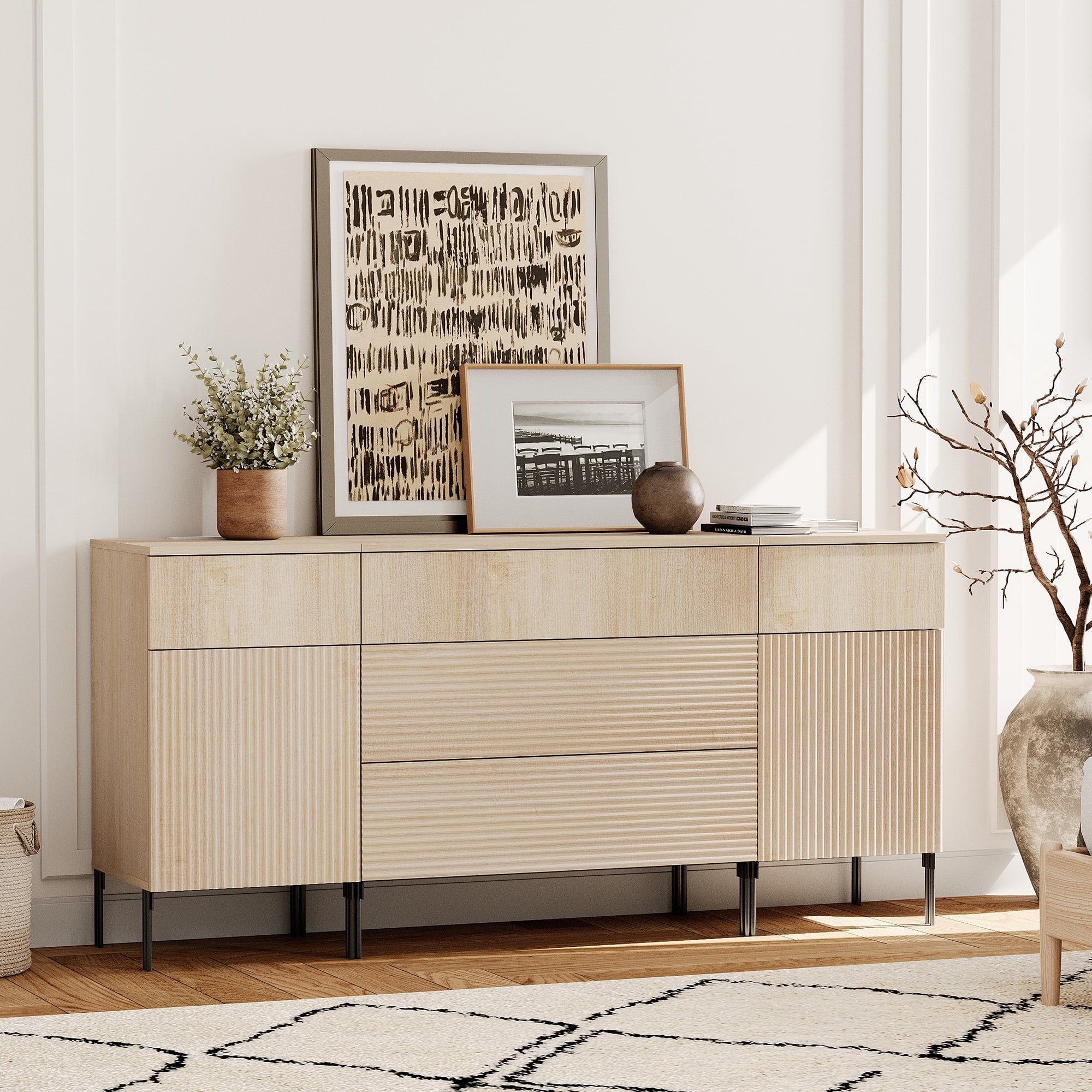 63" Modern Wood 5-Drawer Dresser with Reeded Design, Minimalist Dresser Organizer Storage With Charging Station for Bedroom,Living room, Entryway