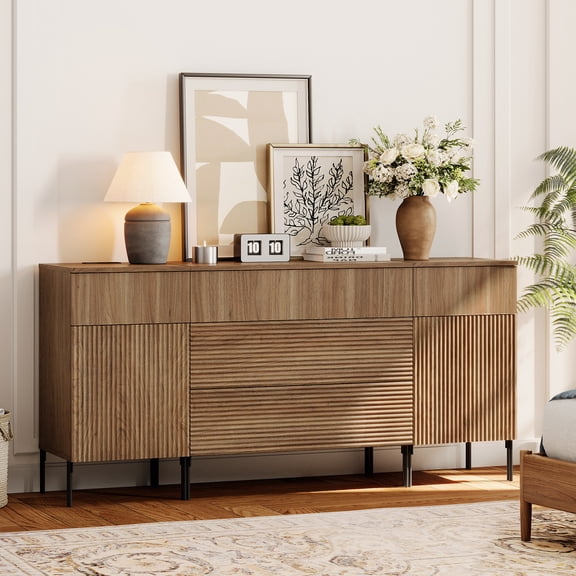 63" Modern Wood 5-Drawer Dresser with Reeded Design, Minimalist Dresser Organizer Storage With Charging Station for Bedroom,Living room, Entryway