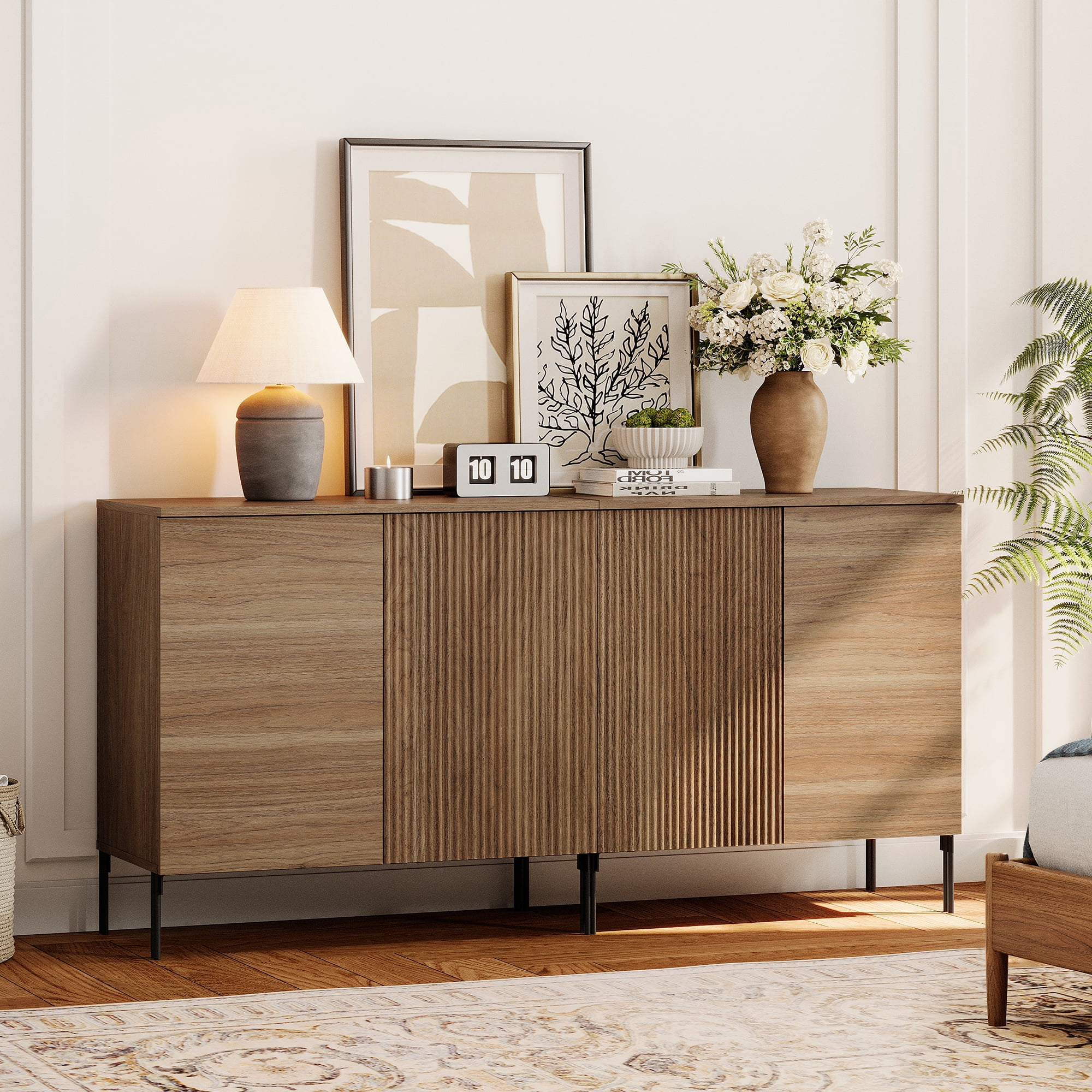 63" Modern Wood Reeded Dresser Set of 2 with Doors, Minimalist Dresser Organizer Storage Cabinet for Bedroom,Living room, Entryway