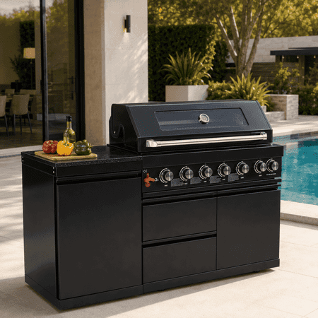 63" Modular Outdoor Kitchen Island Propane Gas Grill, 6 Burners, 85,000 BTU, Infrared Burner, Black Granite Countertop and Storage Cabinets