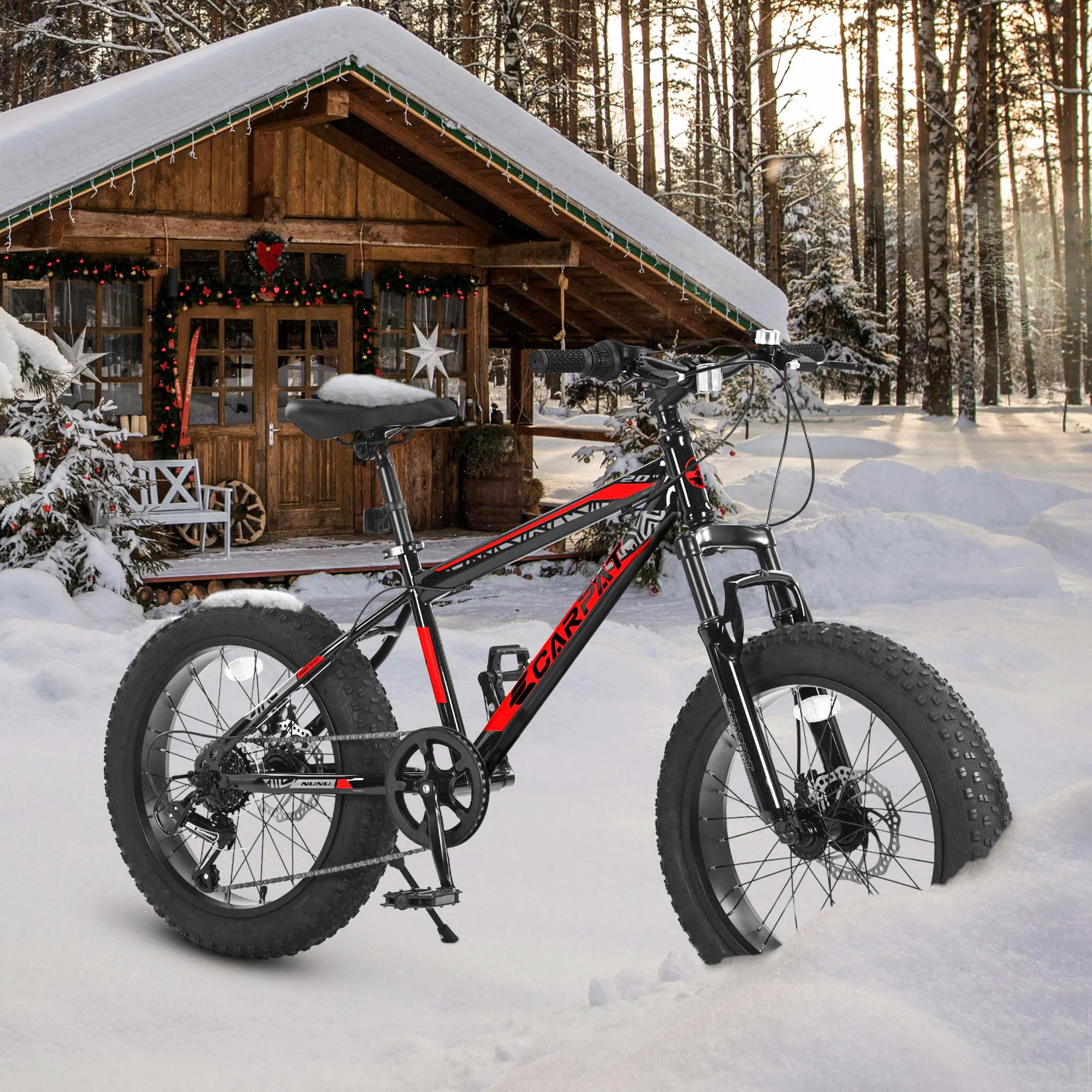 63'' Mountain Bike,High Carbon Steel Frame,Disc Brakes,Durable Wide Tires, Front Suspension,7-Speed,Ideal for Snow and Off-Road Riding,20'' Wheel Hub,Black+Red