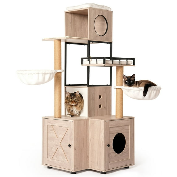 63" Multi-Functional Cat Tree with Litter Box & Removable Washable Cushion, Cat Condo with Scratching Posts & Toy Hanger, Cat Tower with Hammocks, Gray