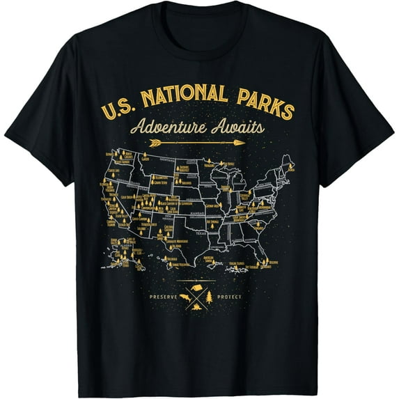 63 National Parks Map US Park Retro Vintage Camping Hiking T-Shirt