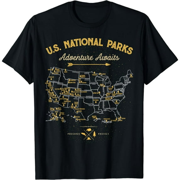63 National Parks Map US Park Retro Vintage Camping Hiking T-Shirt