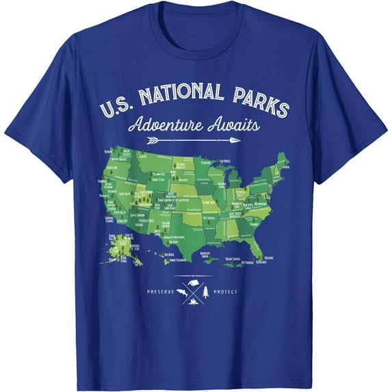 63 National Parks Map US Park Retro Vintage Camping Hiking Unisex T-Shirt for Men Women Kids Toddler,Royal Blue Color,Size XL