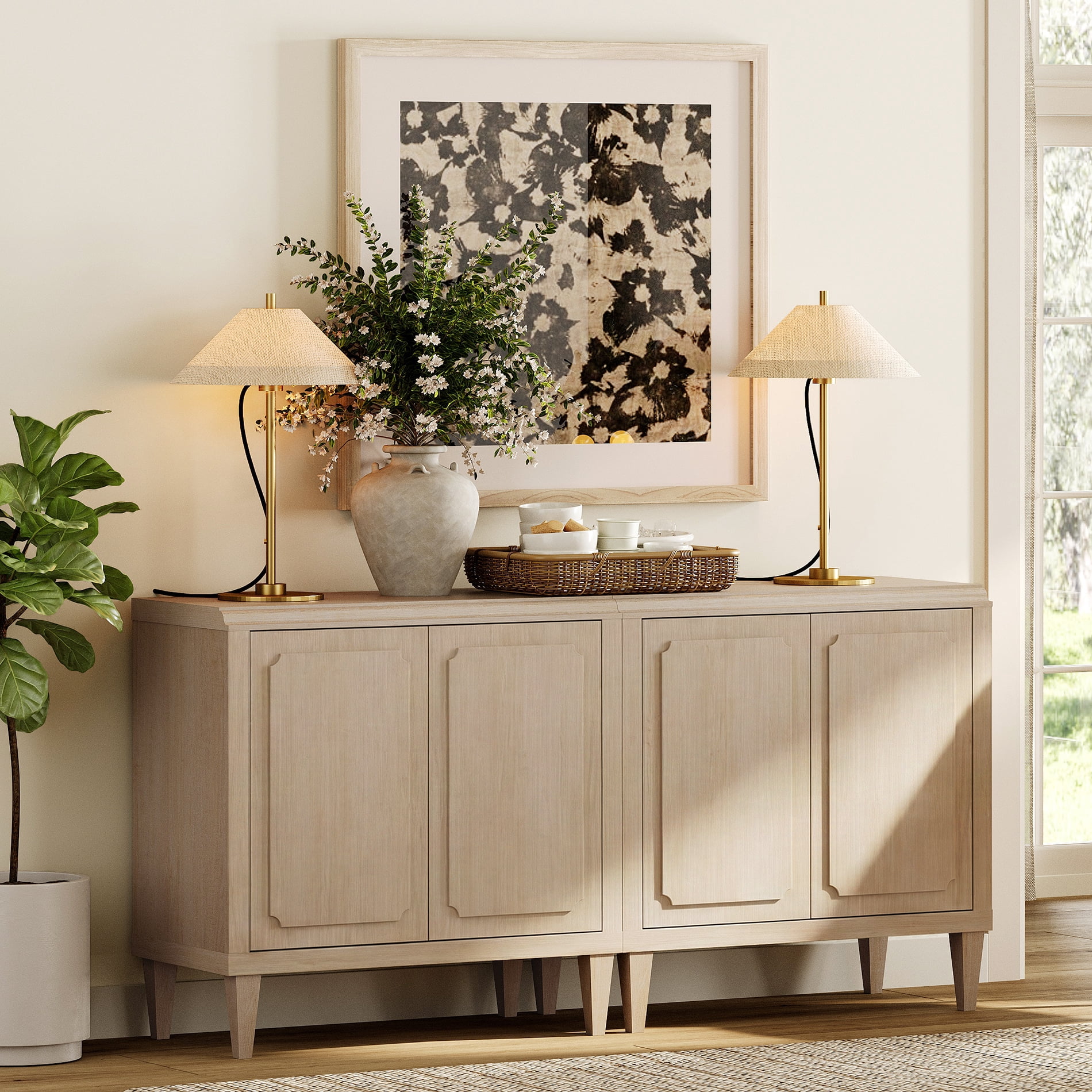 63" Oak Buffet Cabinet with Embossed Door, Modern Sideboard with Storage, Light Oak