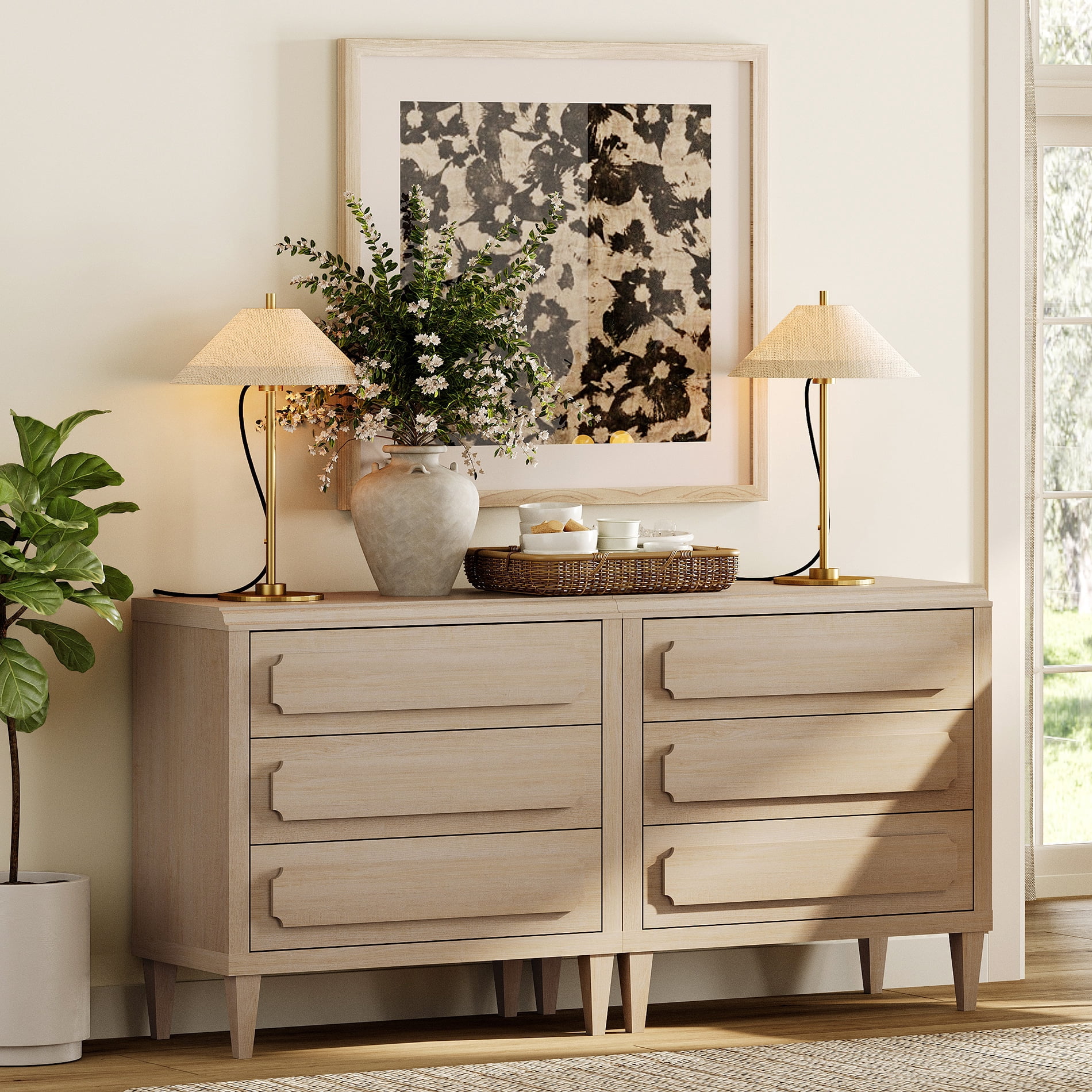 63" Oak Buffet Cabinet with Embossed Drawers, Modern Sideboard with Storage, Light Oak