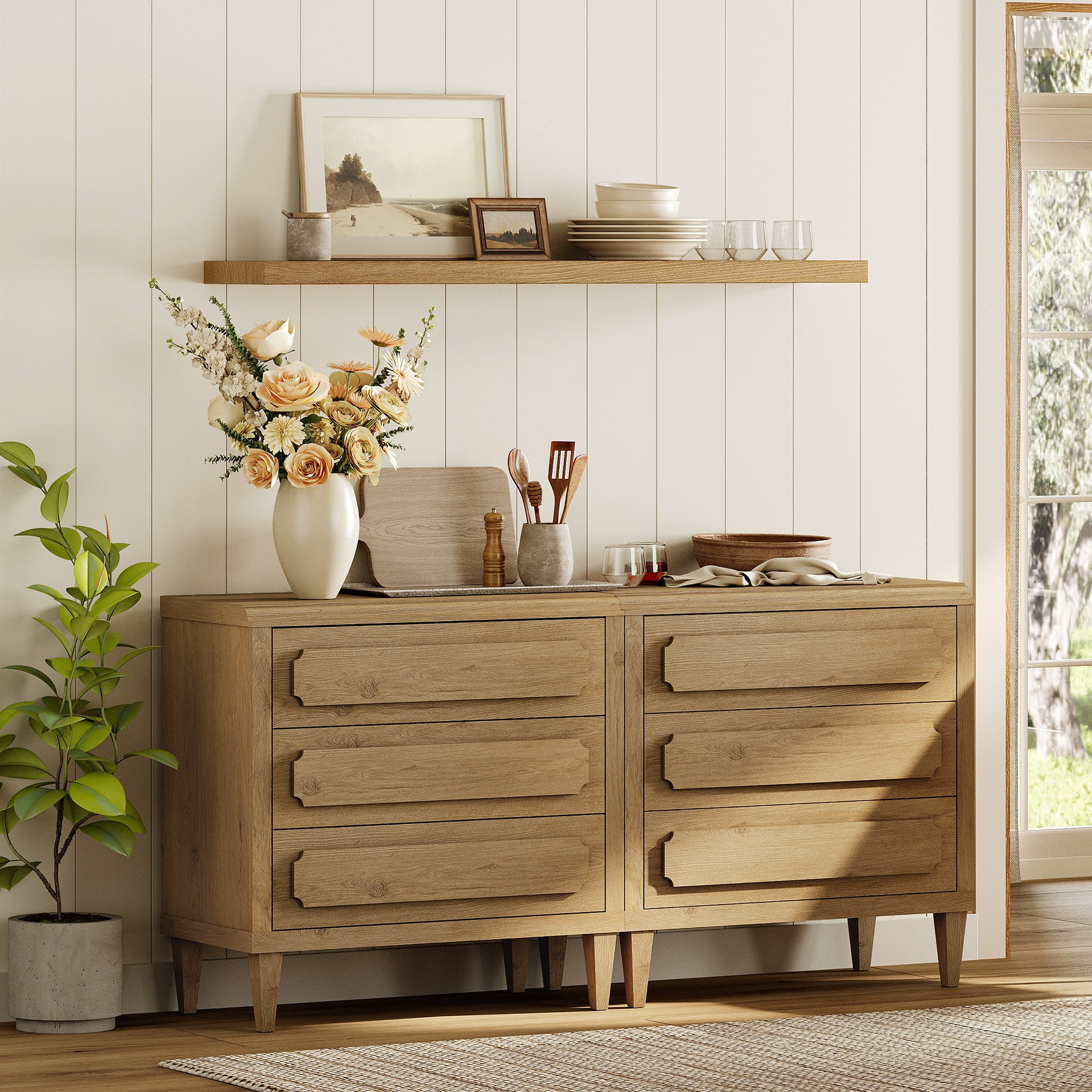 63" Oak Buffet Cabinet with Embossed Drawers, Modern Sideboard with Storage,Oak