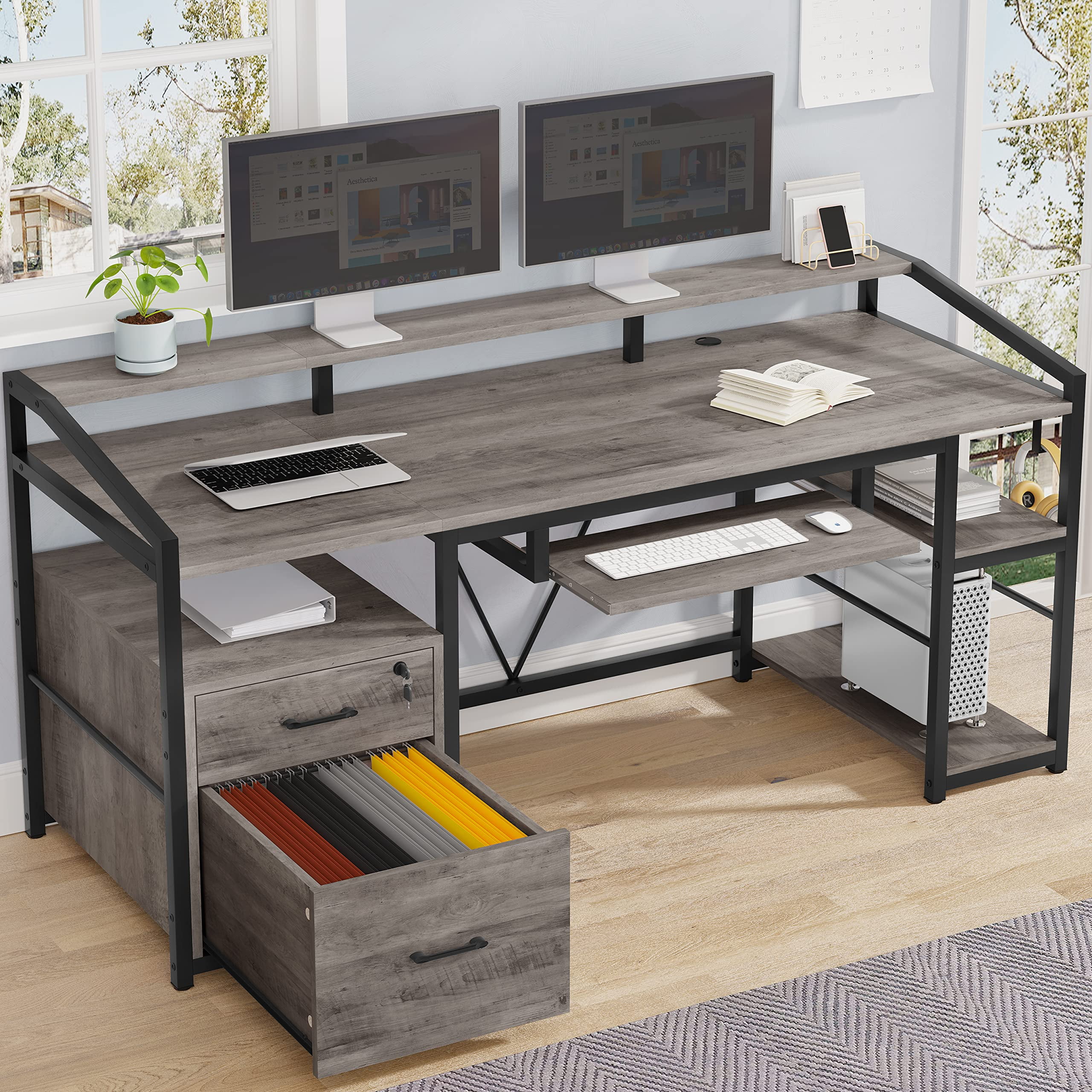 Grey computer desk sale with keyboard tray