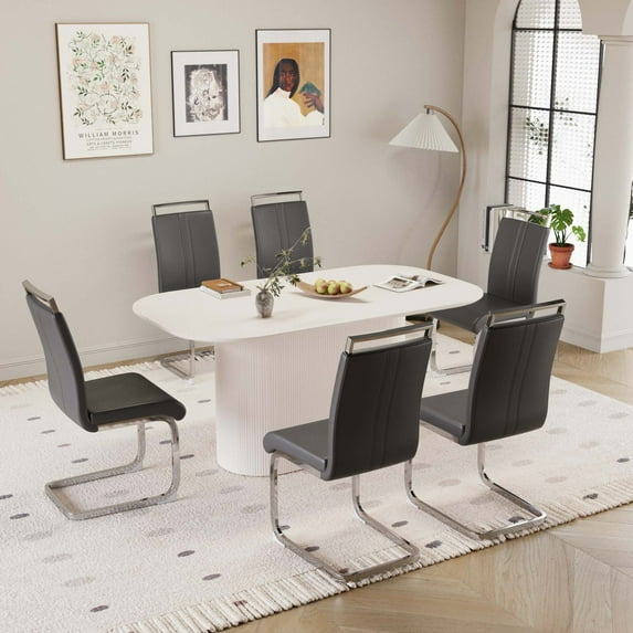 63" Oval Dining Table Set for 6, Wooden Dining Roon Table and 6 PU Armless Chairs, Modern Dining Set with High Backrest and Waterproof Tabletop for Living Room