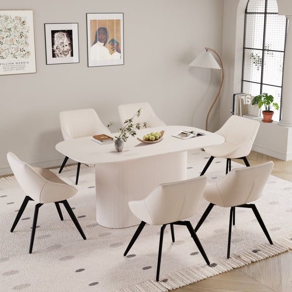 63" Oval Dining Table Set for 6, Wooden Dining Roon Table and 6 PU Swivel Armchairs, Modern Dining Set with High Backrest and Waterproof Tabletop for Living Room,  Beige