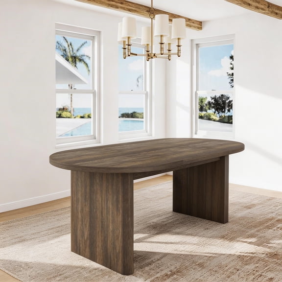 63" Oval Farmhouse Dining Table - Large 6-8 Person Wood Kitchen Table with Sturdy Thick Base for Dining Room, Living Room & Office-Brown